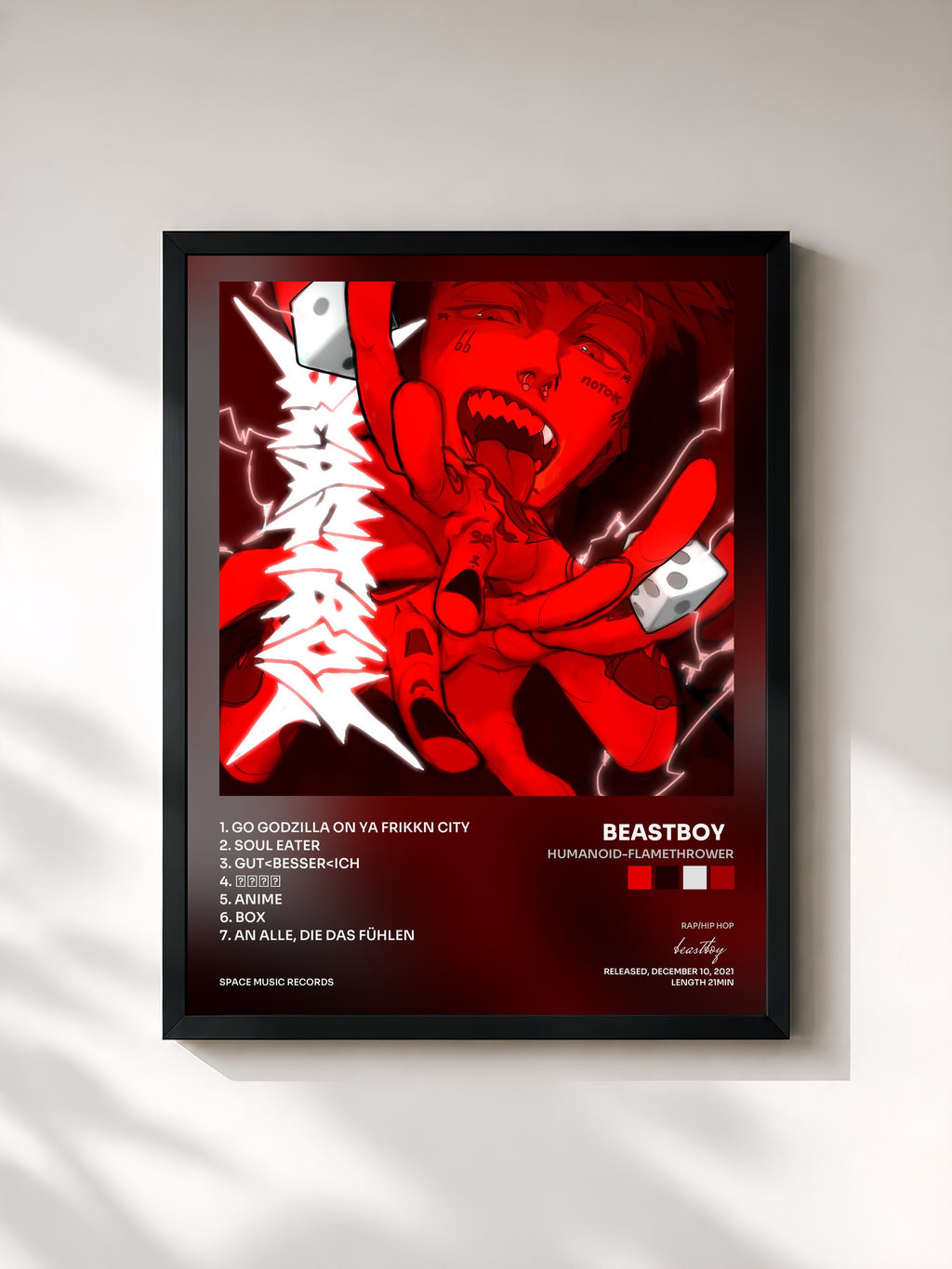 #noir Tableau de l'album HUMANOID-FLAMETHROWER de beastboy  , cadre noir, imprimé et encadré en France