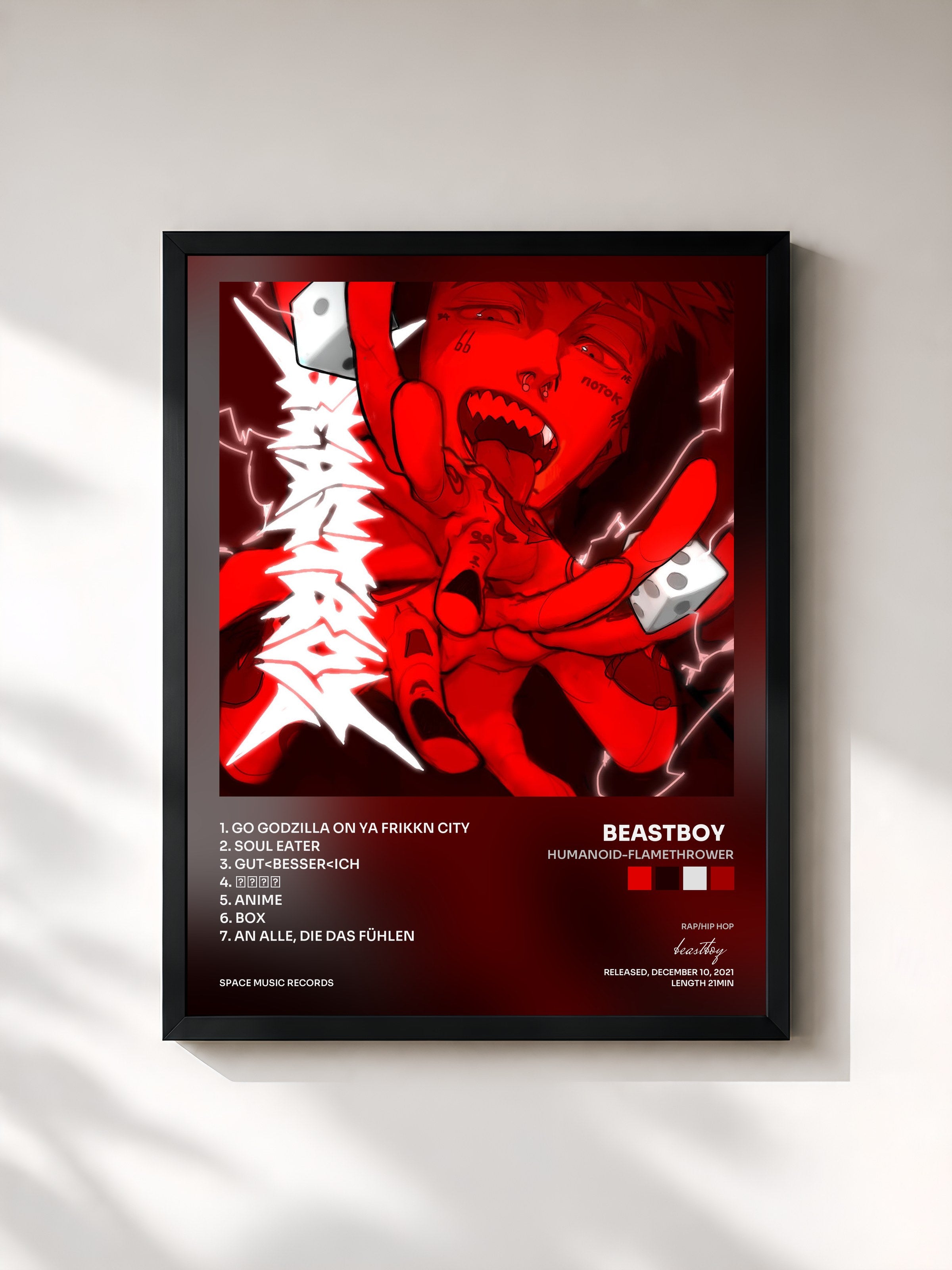 #noir Tableau de l'album HUMANOID-FLAMETHROWER de beastboy  , cadre noir, imprimé et encadré en France