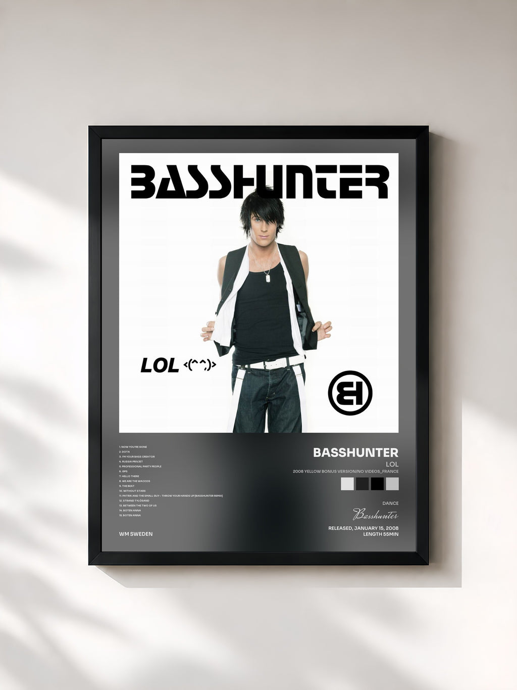 #noir Tableau de l'album LOL (2008 yellow bonus version/no videos_France) de Basshunter, cadre noir, imprimé et encadré en France