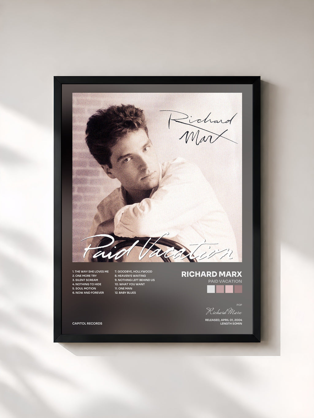 #noir Tableau de l'album Paid Vacation de Richard Marx, cadre noir, imprimé et encadré en France