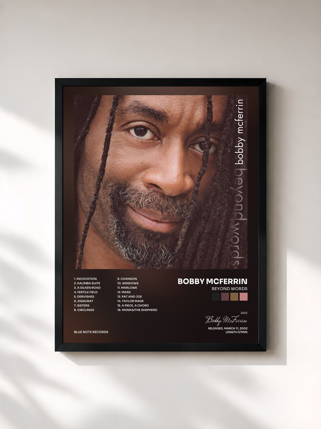 #noir Tableau de l'album Beyond Words de Bobby McFerrin, cadre noir, imprimé et encadré en France