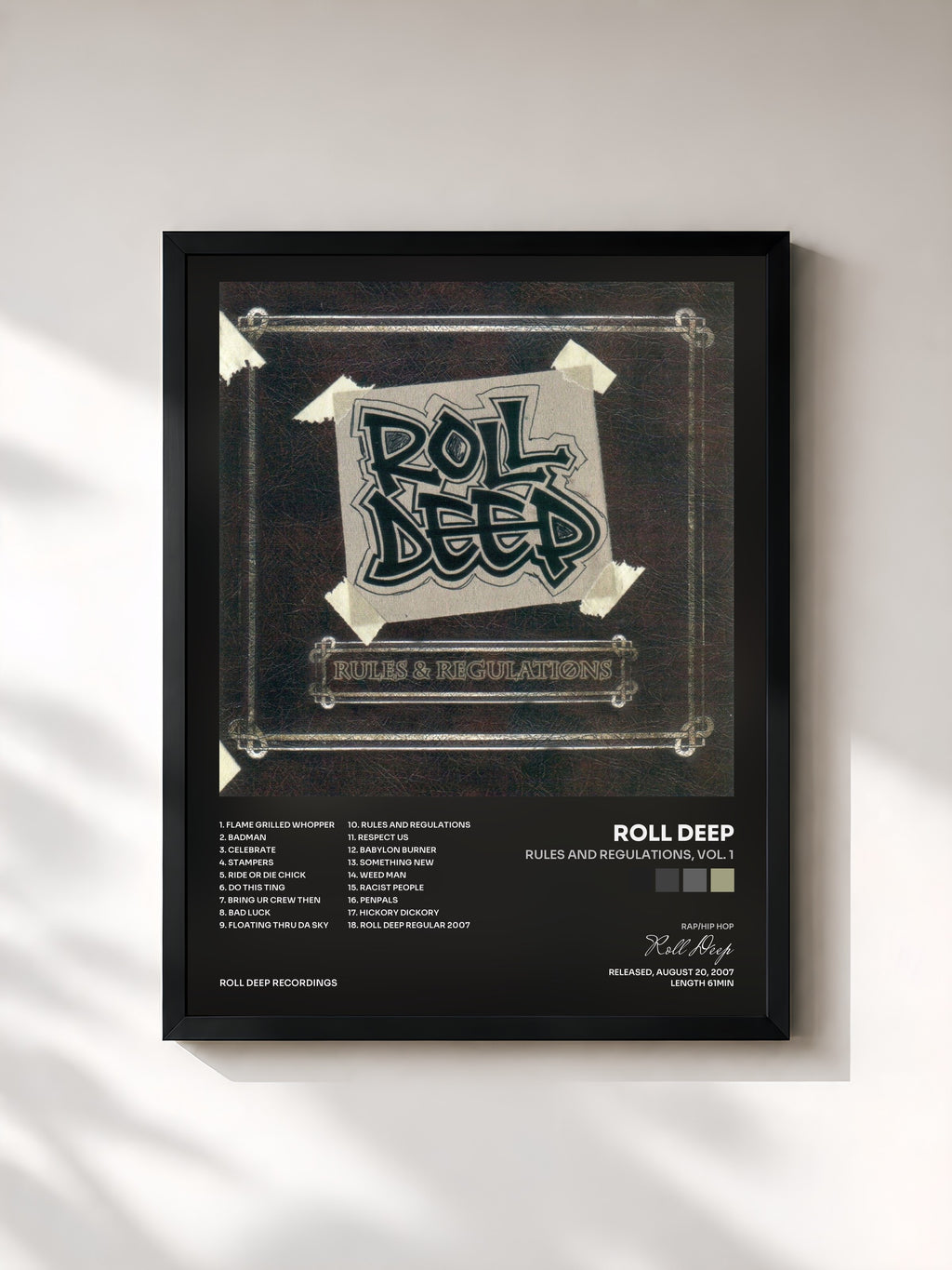 #noir Tableau de l'album Rules and Regulations, Vol. 1 de Roll Deep, cadre noir, imprimé et encadré en France