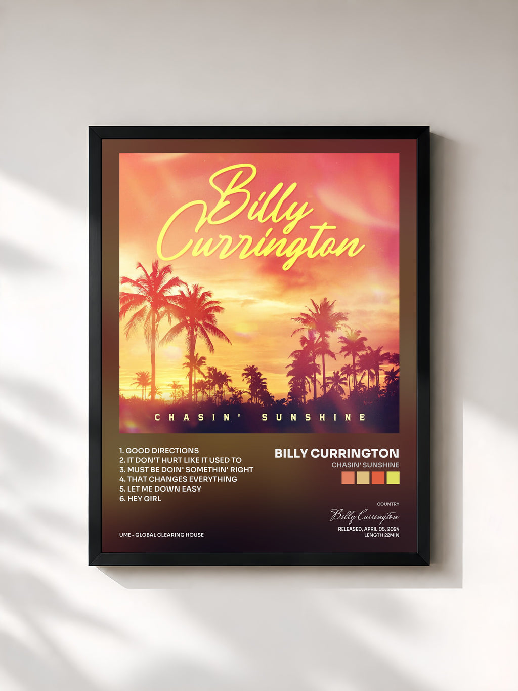 #noir Tableau de l'album Chasin' Sunshine de Billy Currington, cadre noir, imprimé et encadré en France