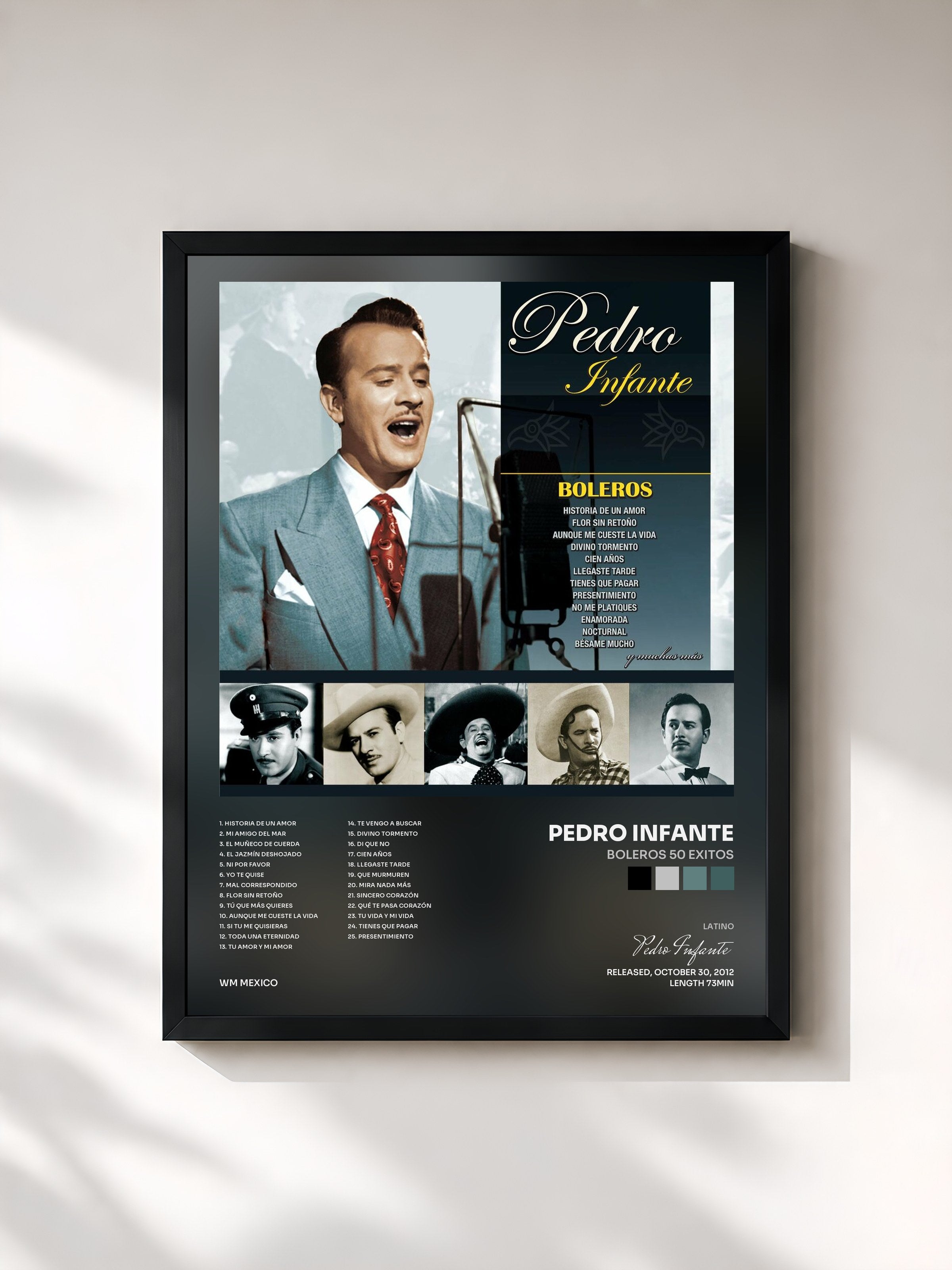 #noir Tableau de l'album Boleros 50 Exitos de Pedro Infante, cadre noir, imprimé et encadré en France