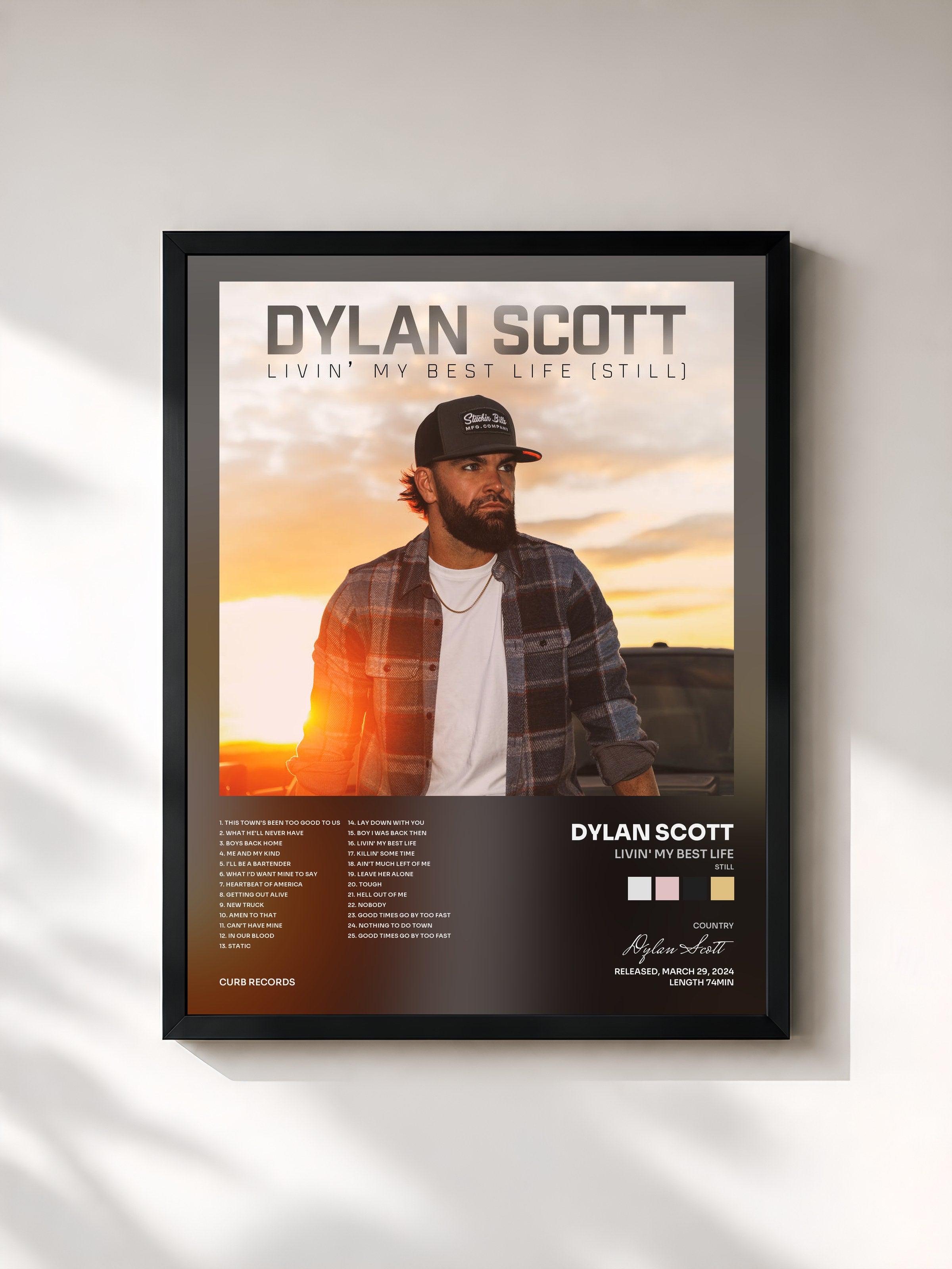#noir Tableau de l'album Livin' My Best Life (Still) de Dylan Scott, cadre noir, imprimé et encadré en France