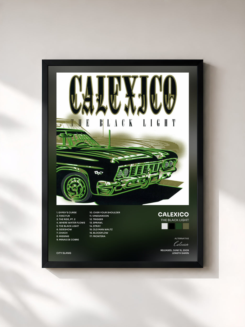 #noir Tableau de l'album The Black Light de Calexico, cadre noir, imprimé et encadré en France