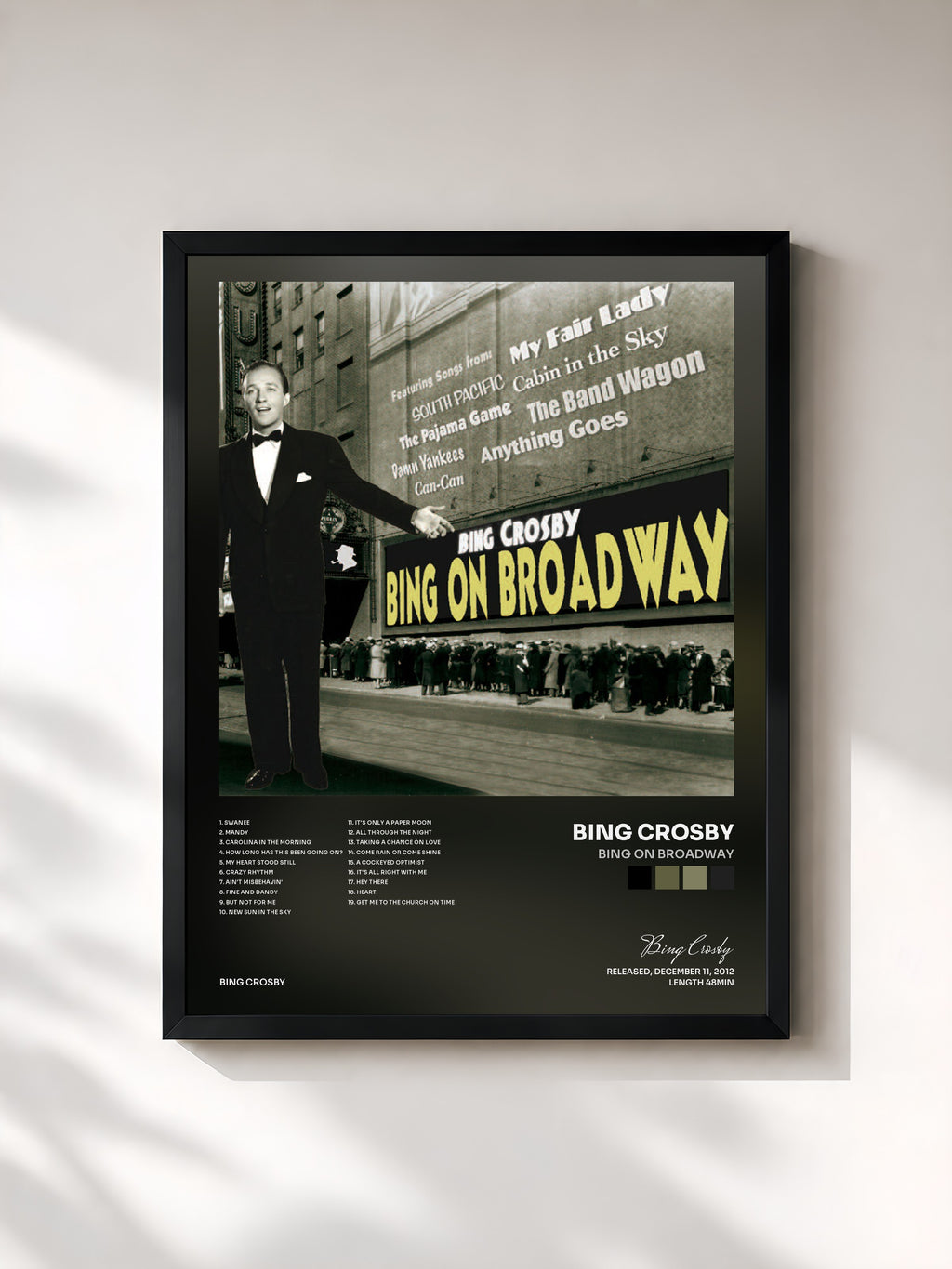 #noir Tableau de l'album Bing On Broadway de Bing Crosby, cadre noir, imprimé et encadré en France