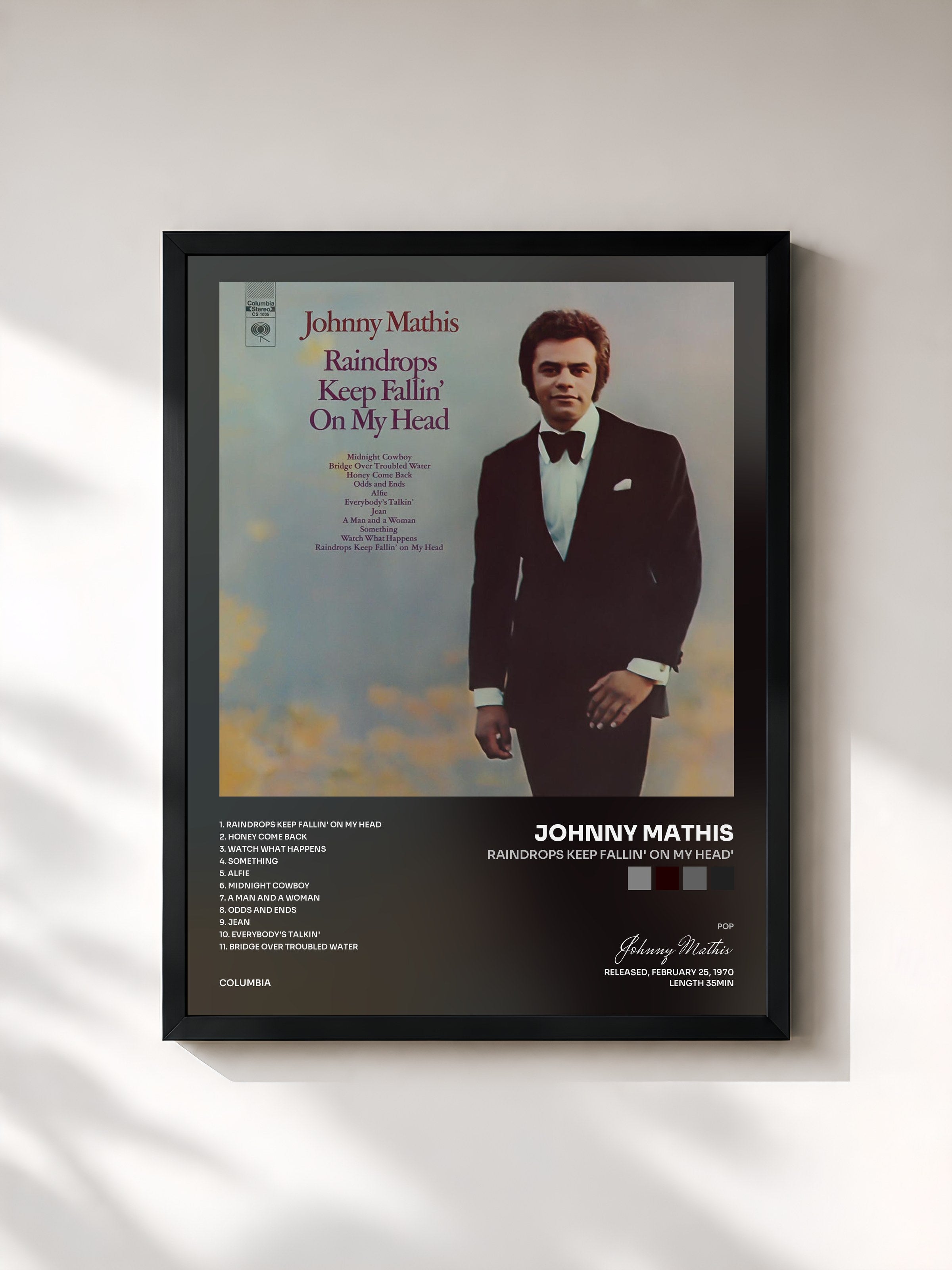 #noir Tableau de l'album Raindrops Keep Fallin' On my Head' de Johnny Mathis, cadre noir, imprimé et encadré en France