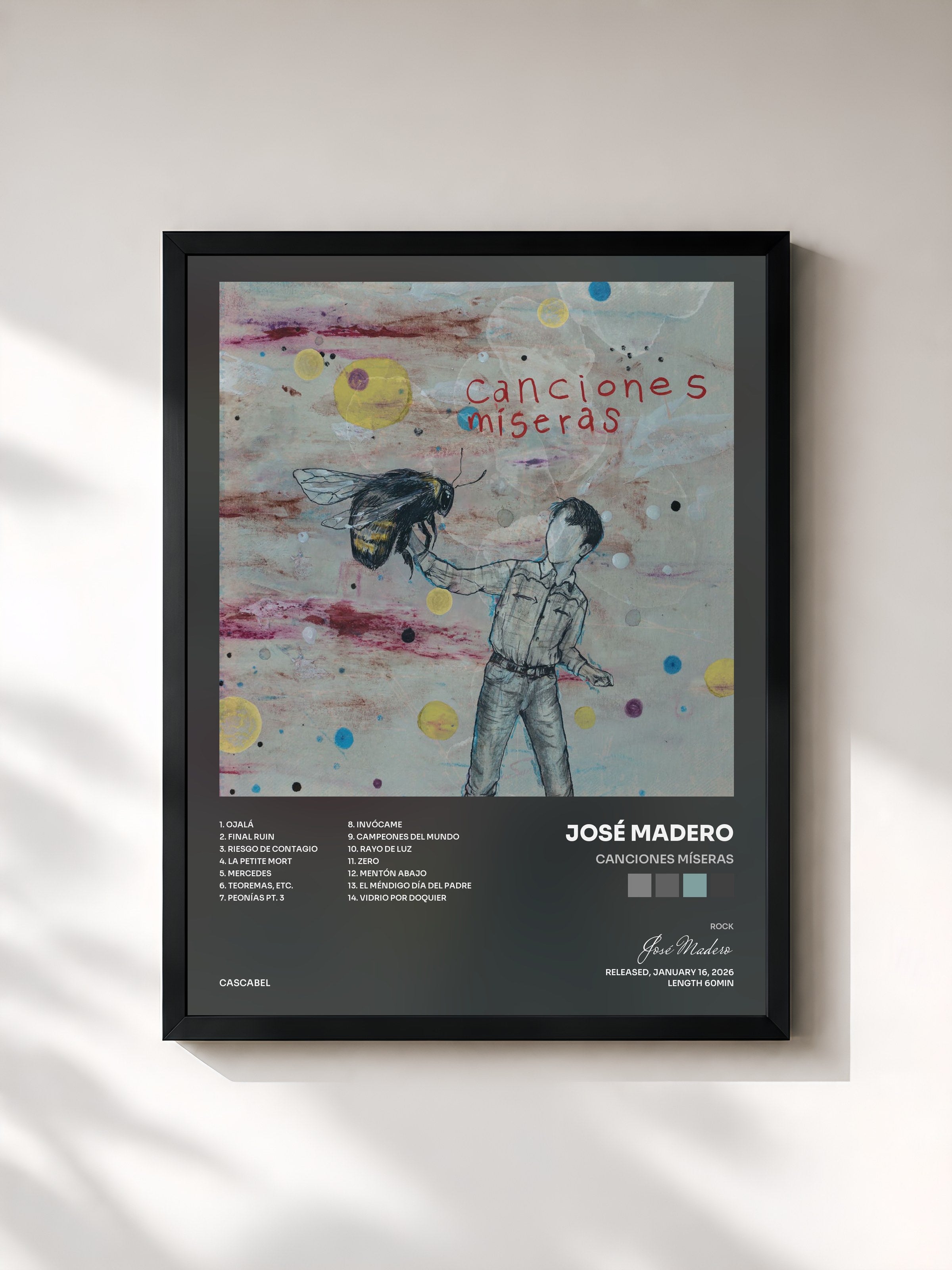 #noir Tableau de l'album Canciones Míseras de José Madero, cadre noir, imprimé et encadré en France