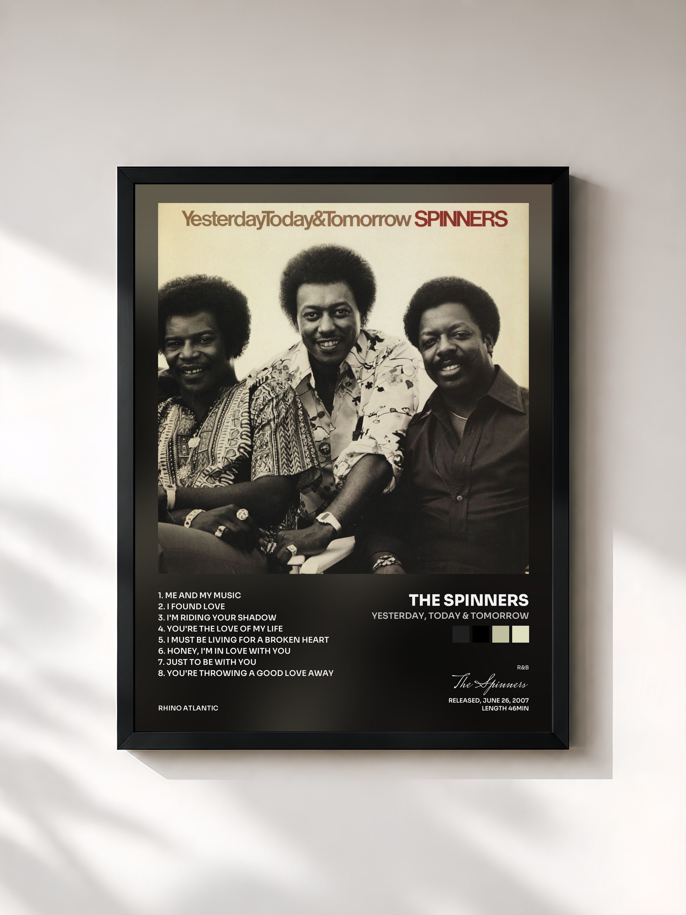 #noir Tableau de l'album Yesterday, Today & Tomorrow de The Spinners, cadre noir, imprimé et encadré en France