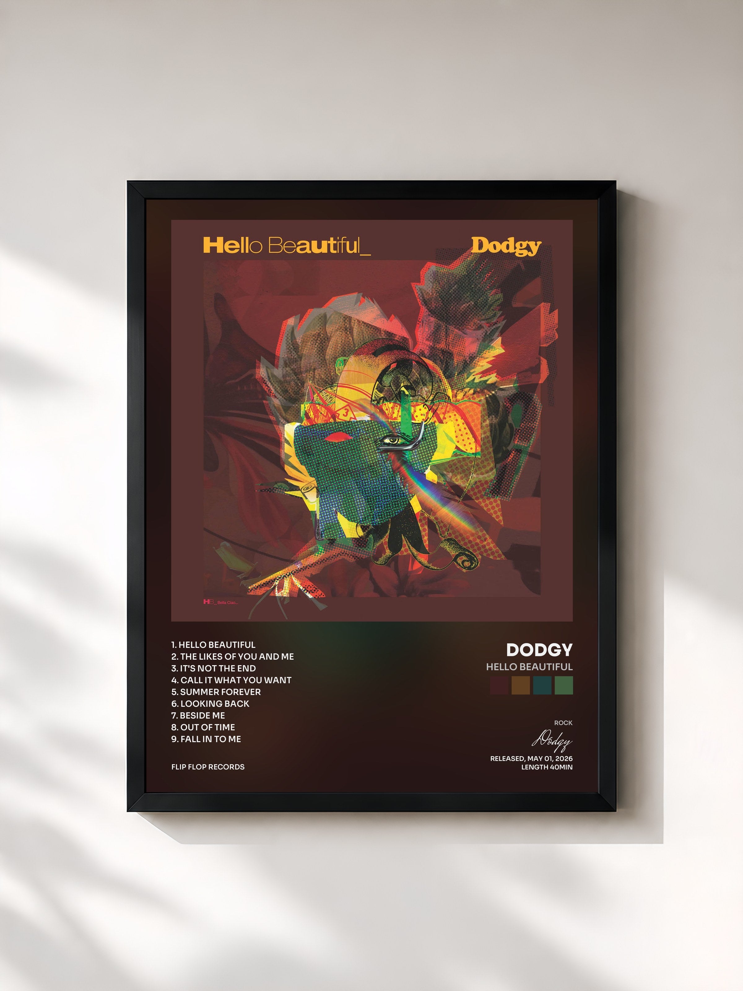 #noir Tableau de l'album Hello Beautiful de Dodgy, cadre noir, imprimé et encadré en France
