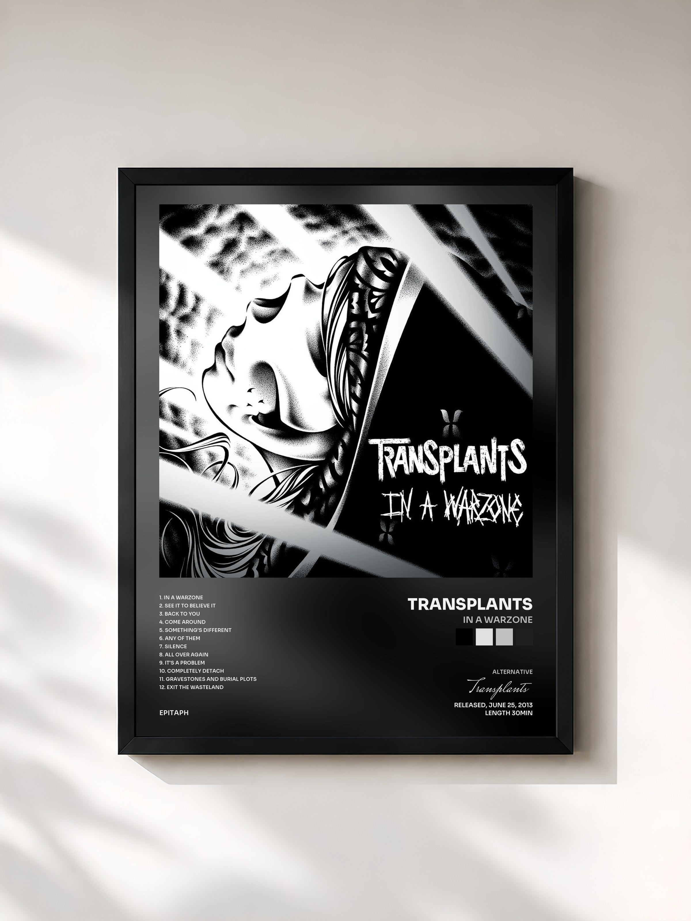 #noir Tableau de l'album In A Warzone de Transplants, cadre noir, imprimé et encadré en France