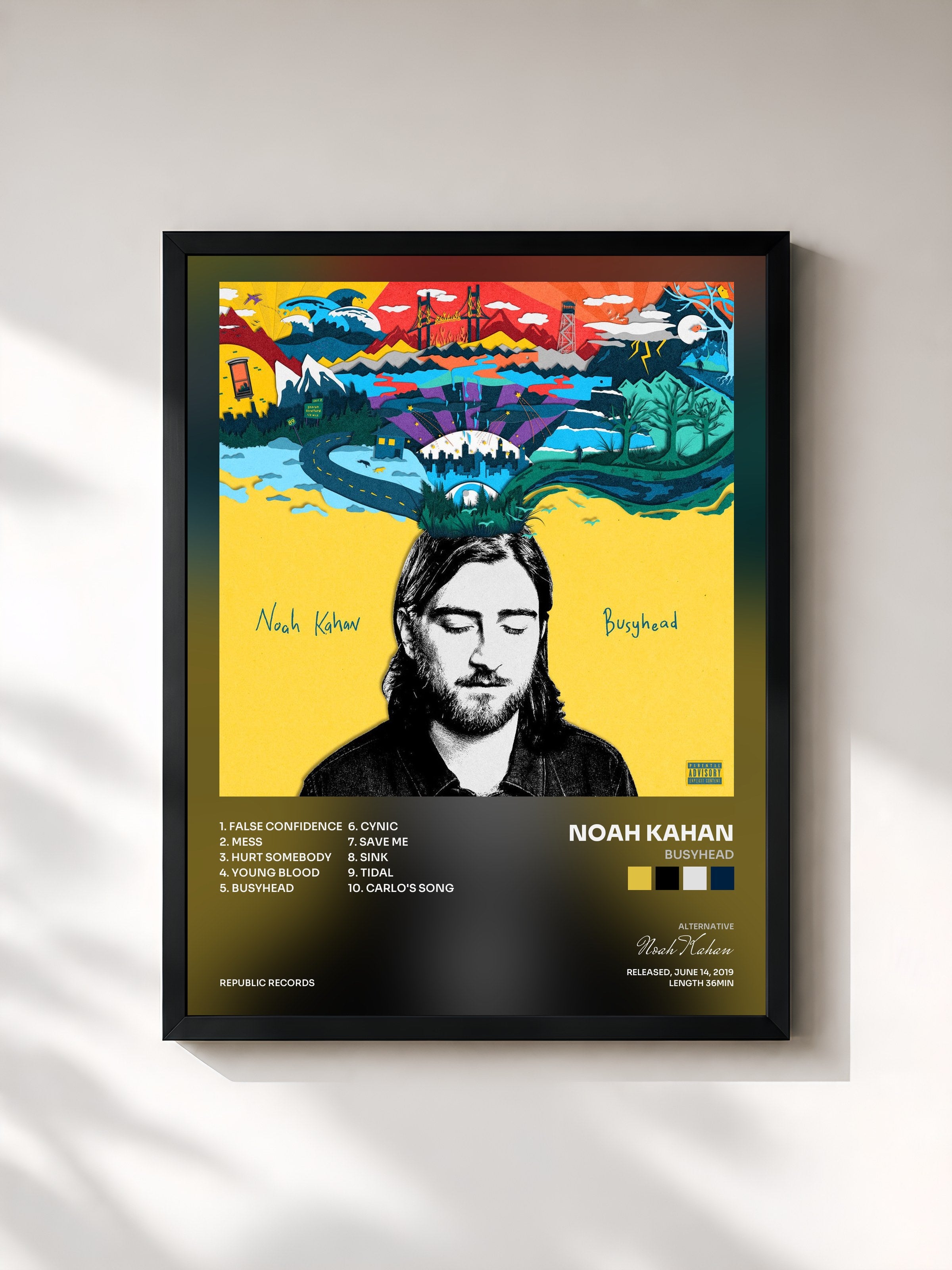 #noir Tableau de l'album Busyhead de Noah Kahan, cadre noir, imprimé et encadré en France