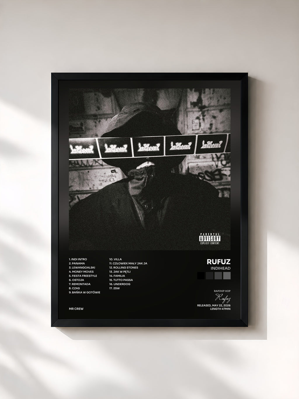 #noir Tableau de l'album INDIHEAD de Rufuz, cadre noir, imprimé et encadré en France