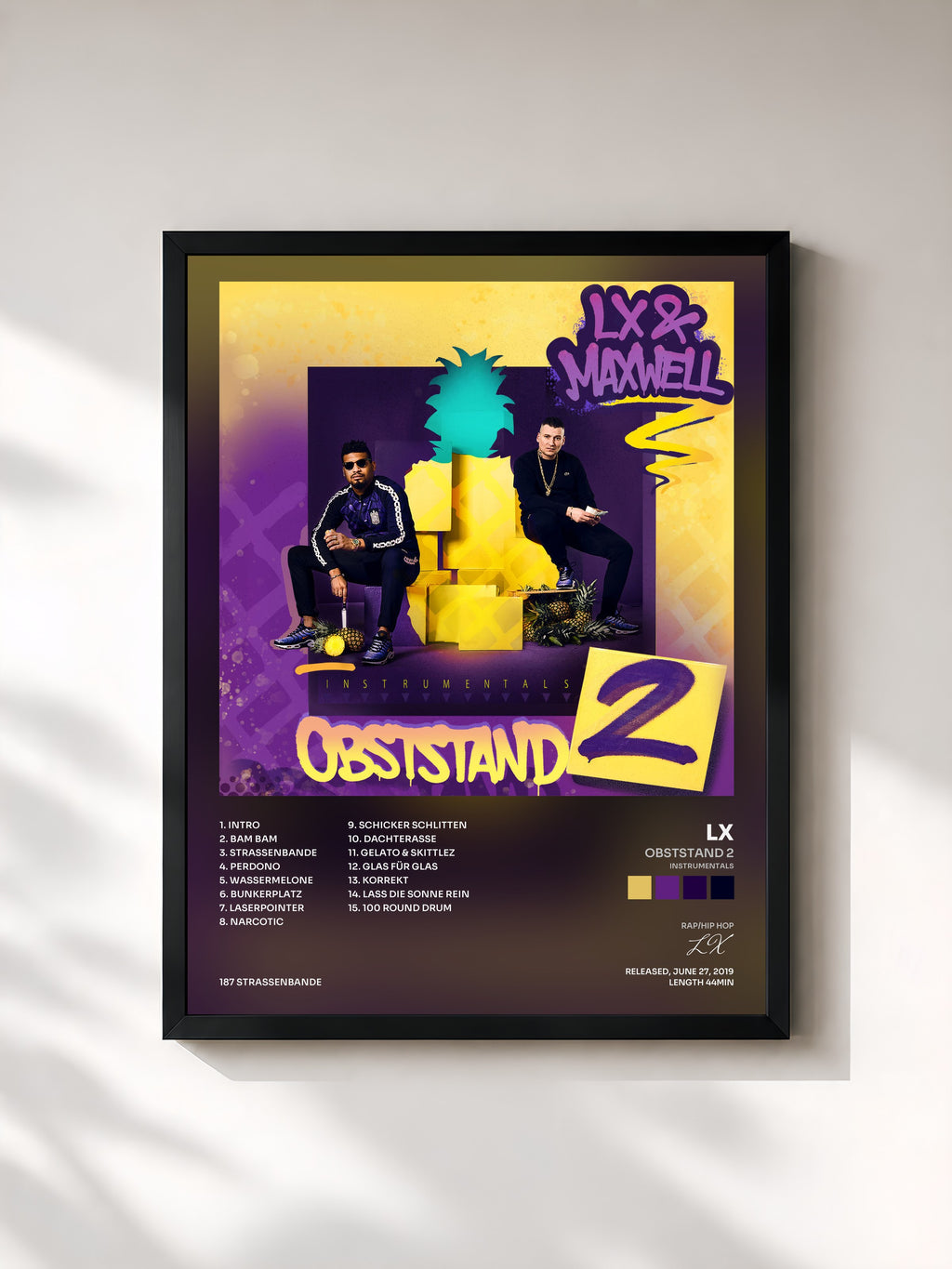 #noir Tableau de l'album Obststand 2 (Instrumentals) de LX, cadre noir, imprimé et encadré en France