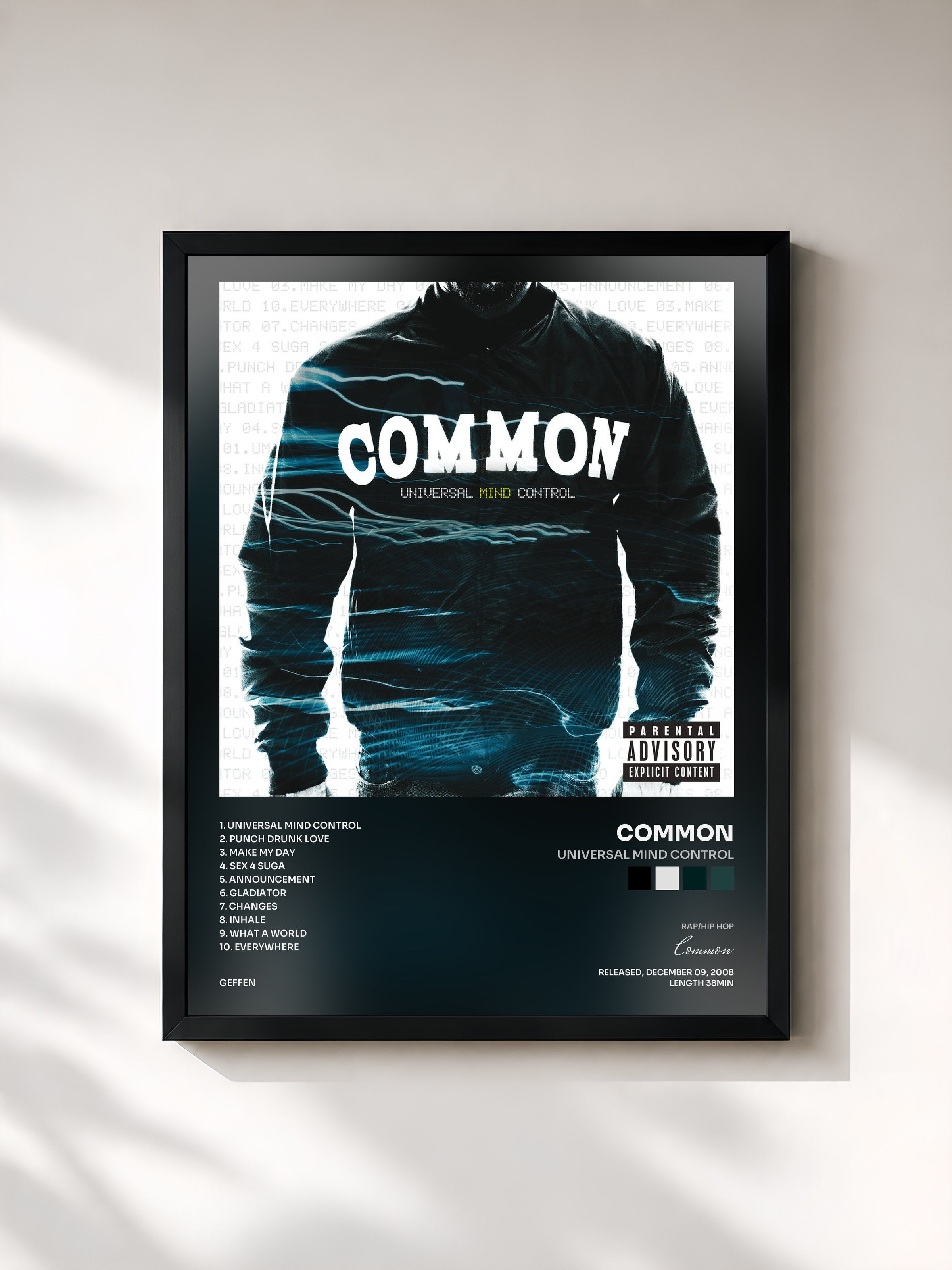 #noir Tableau de l'album Universal Mind Control de Common, cadre noir, imprimé et encadré en France