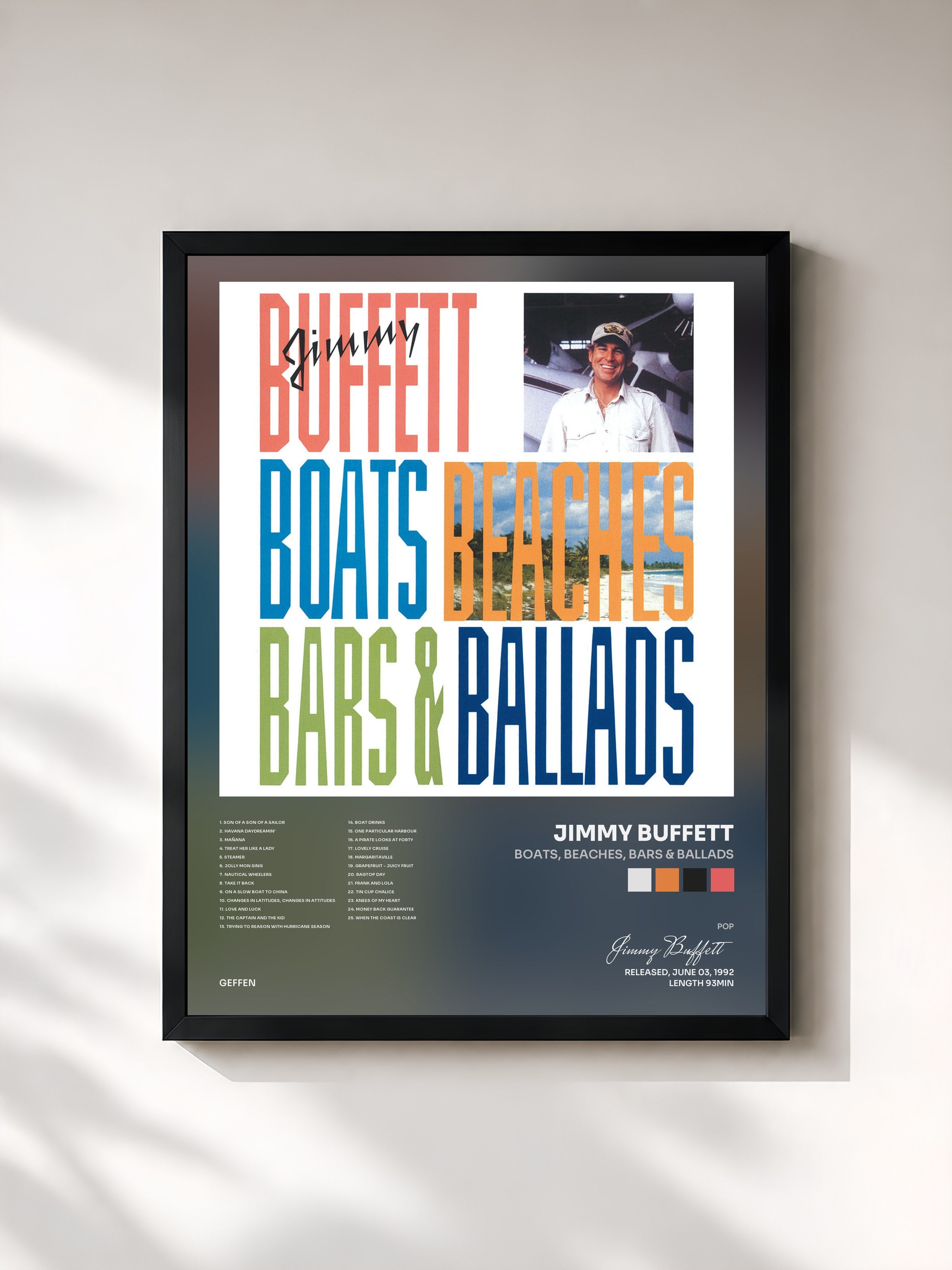 #noir Tableau de l'album Boats, Beaches, Bars & Ballads de Jimmy Buffett, cadre noir, imprimé et encadré en France