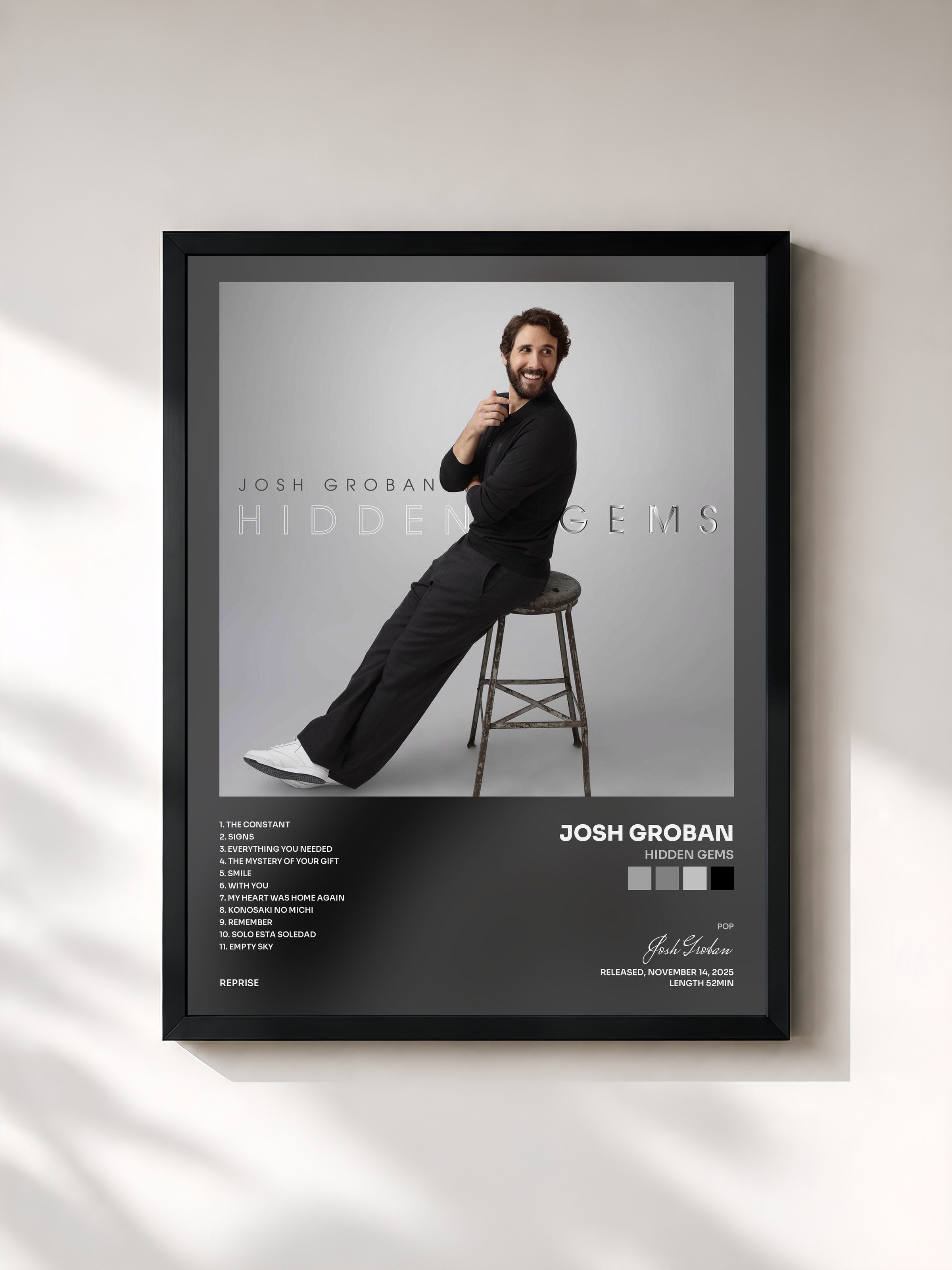 #noir Tableau de l'album Hidden Gems de Josh Groban, cadre noir, imprimé et encadré en France