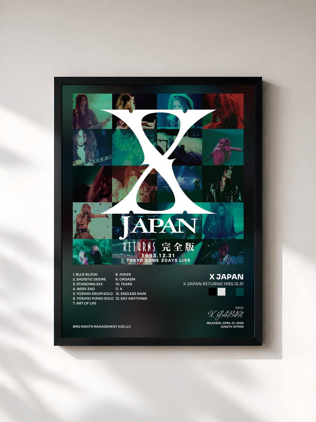 #noir Tableau de l'album X JAPAN RETURNS 1993.12.31 de X JAPAN, cadre noir, imprimé et encadré en France