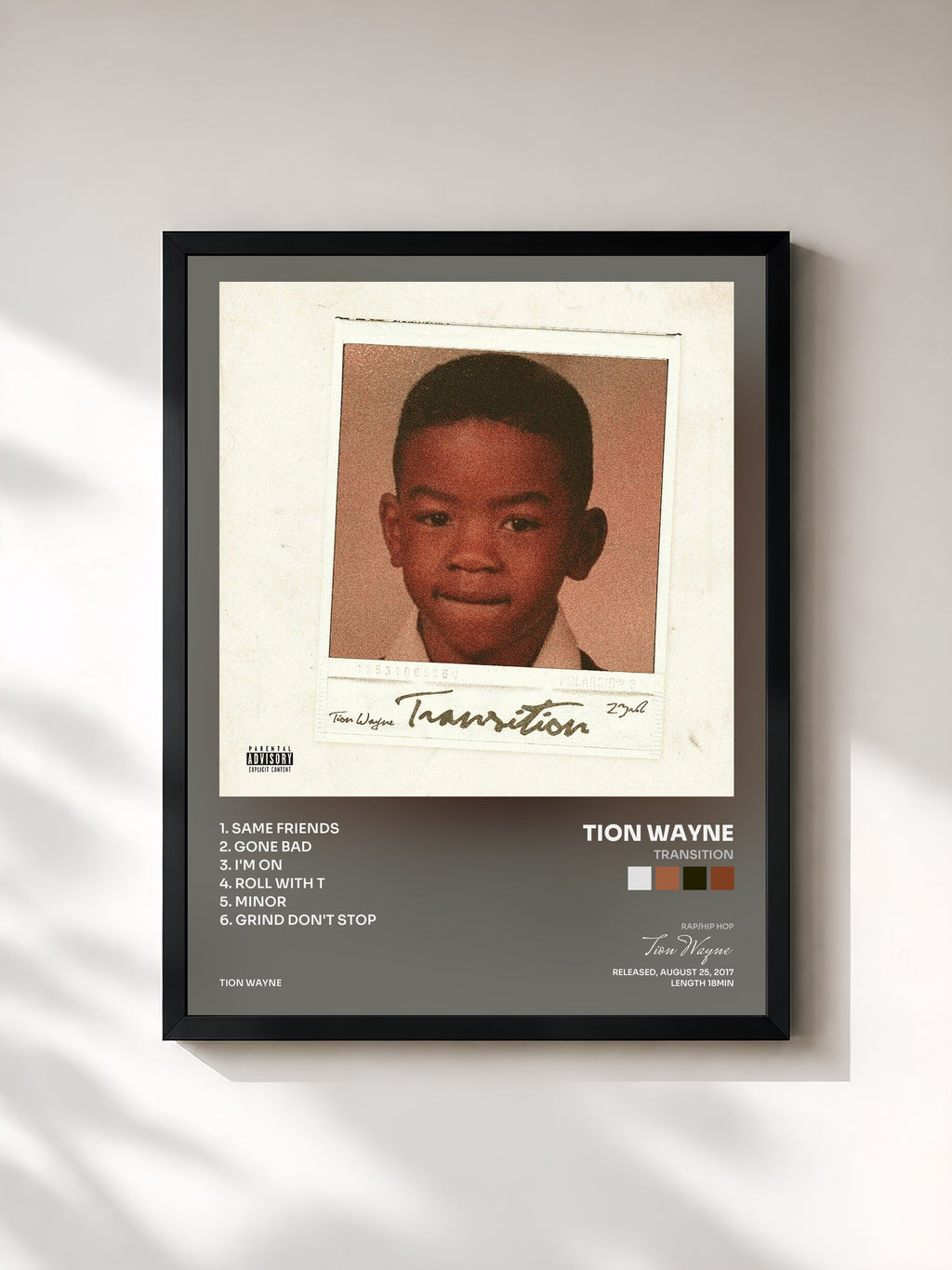 #noir Tableau de l'album Transition de Tion Wayne, cadre noir, imprimé et encadré en France