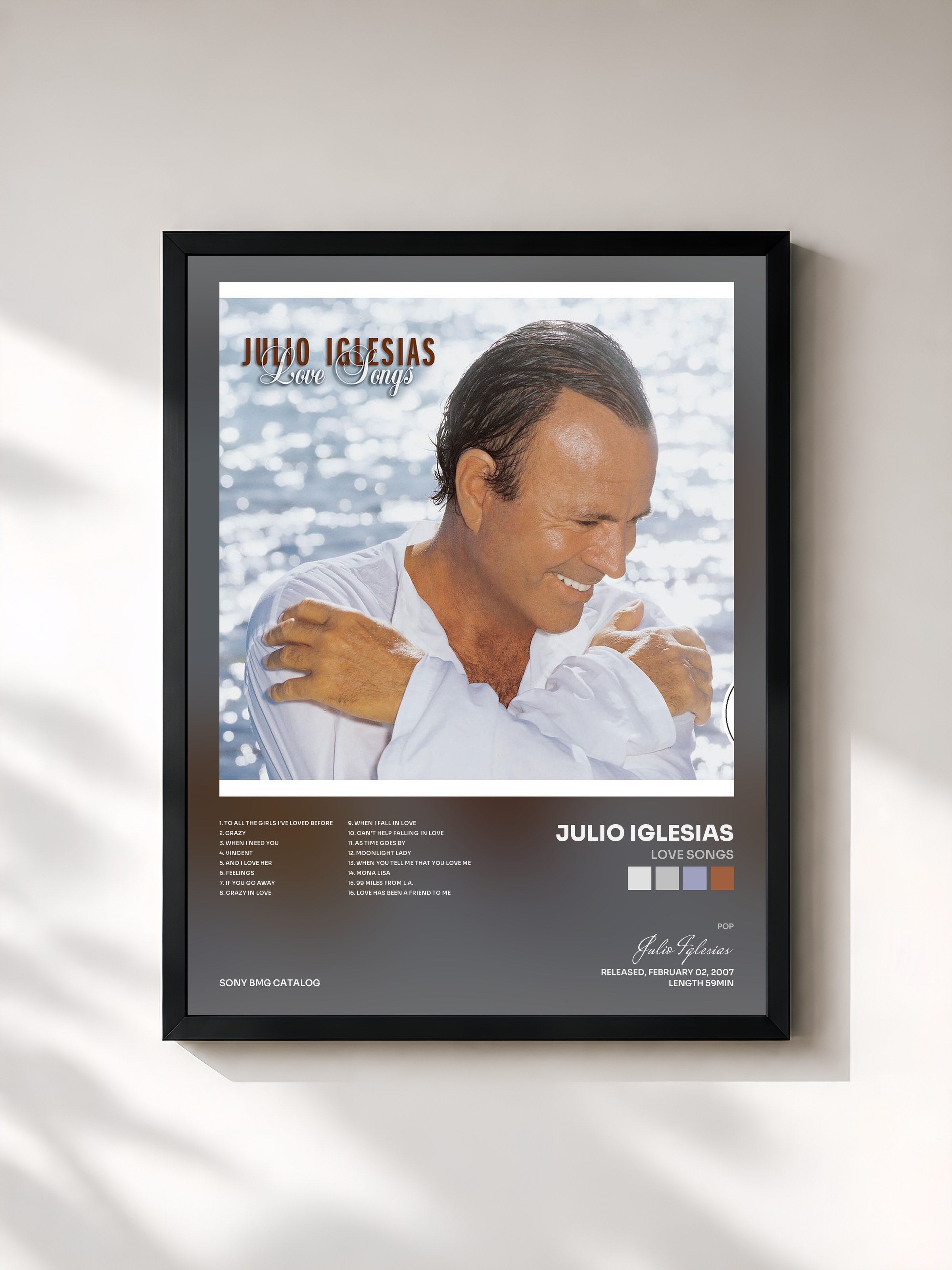 #noir Tableau de l'album Love Songs de Julio Iglesias, cadre noir, imprimé et encadré en France