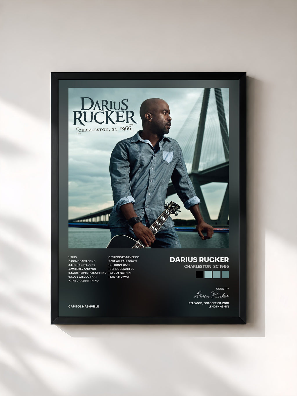 #noir Tableau de l'album Charleston, SC 1966 de Darius Rucker, cadre noir, imprimé et encadré en France