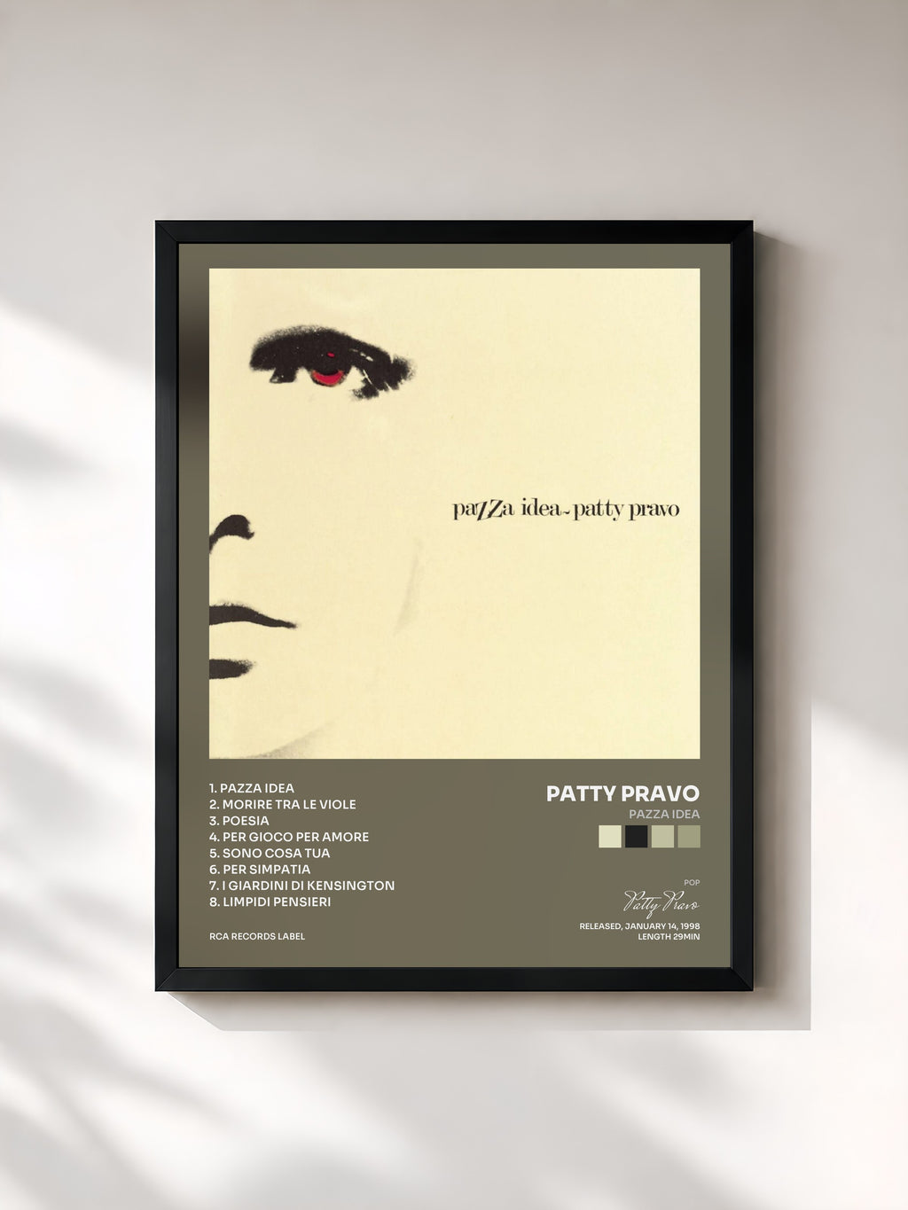 #noir Tableau de l'album Pazza Idea de Patty Pravo, cadre noir, imprimé et encadré en France