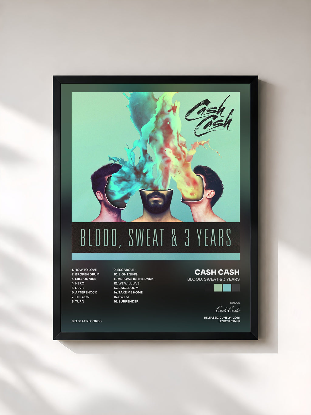 #noir Tableau de l'album Blood, Sweat & 3 Years de Cash Cash, cadre noir, imprimé et encadré en France