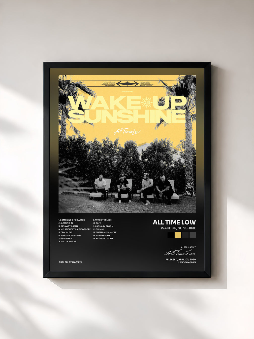 #noir Tableau de l'album Wake Up, Sunshine de All Time Low, cadre noir, imprimé et encadré en France