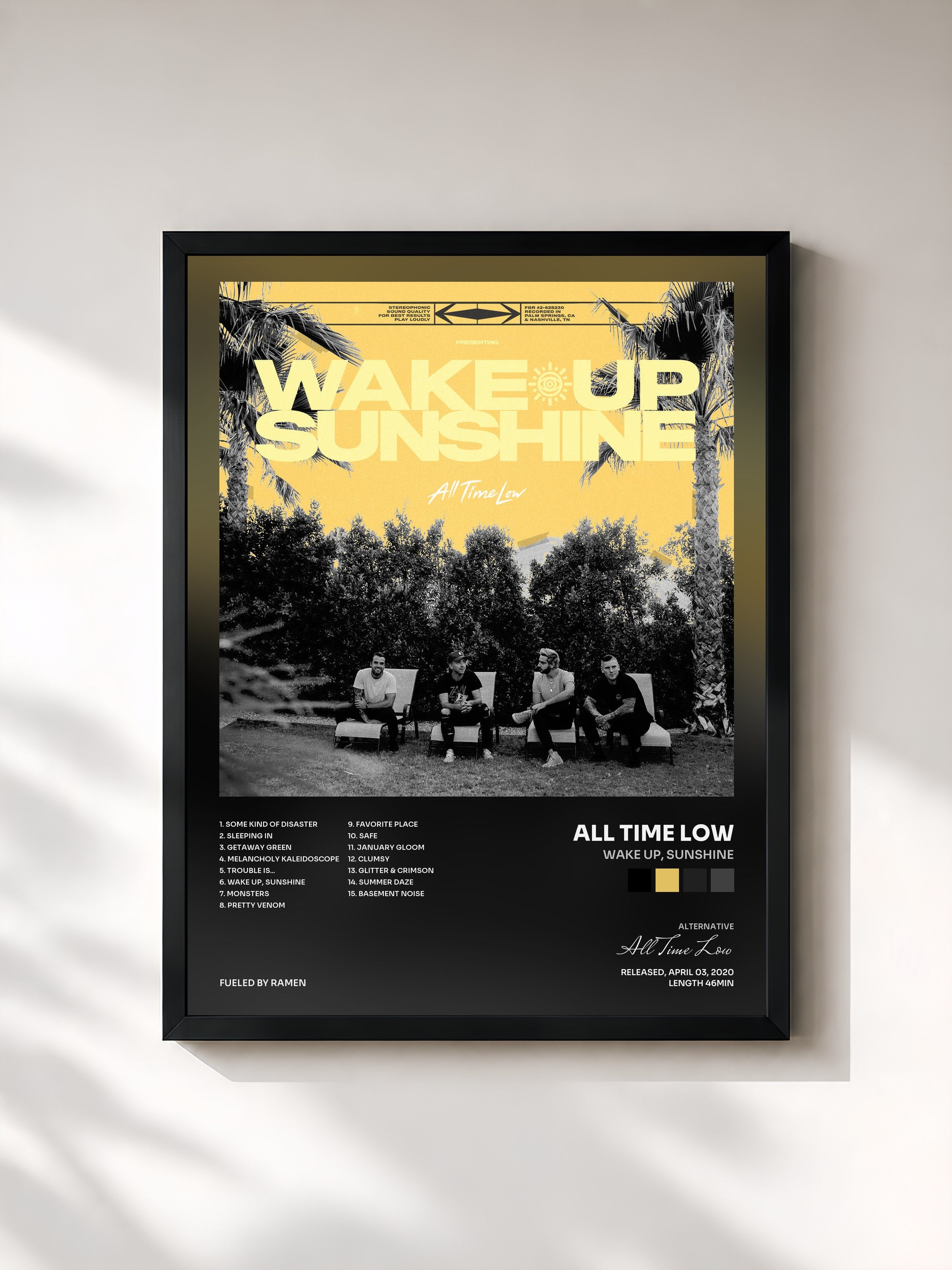 #noir Tableau de l'album Wake Up, Sunshine de All Time Low, cadre noir, imprimé et encadré en France
