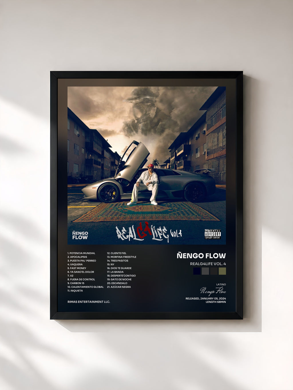 #noir Tableau de l'album RealG4Life Vol. 4 de Ñengo Flow, cadre noir, imprimé et encadré en France