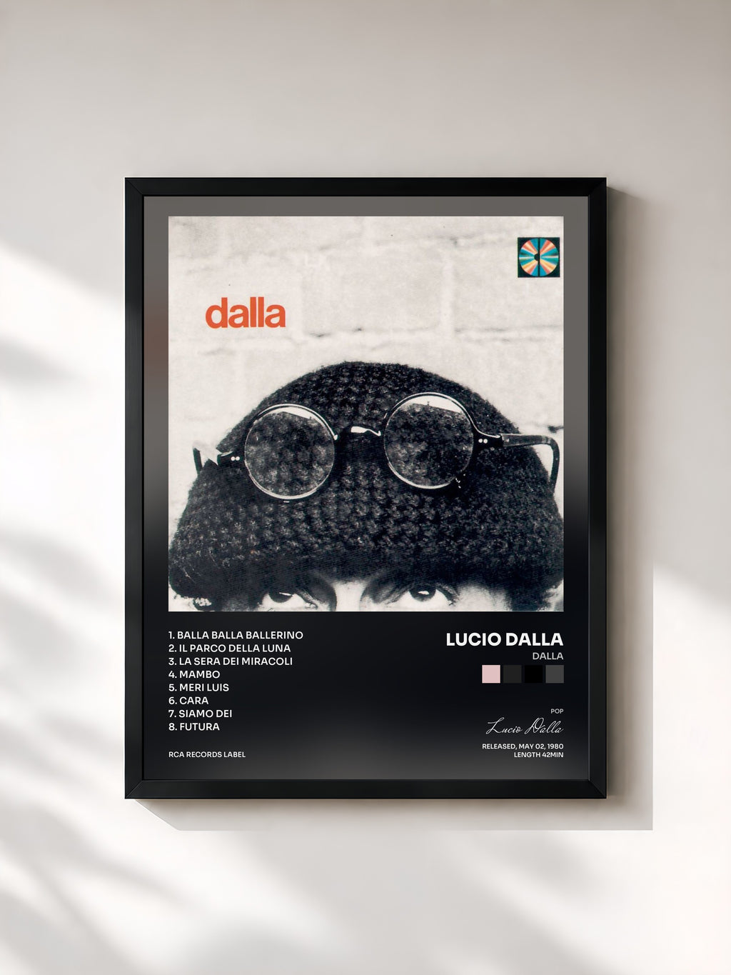 #noir Tableau de l'album Dalla de Lucio Dalla, cadre noir, imprimé et encadré en France