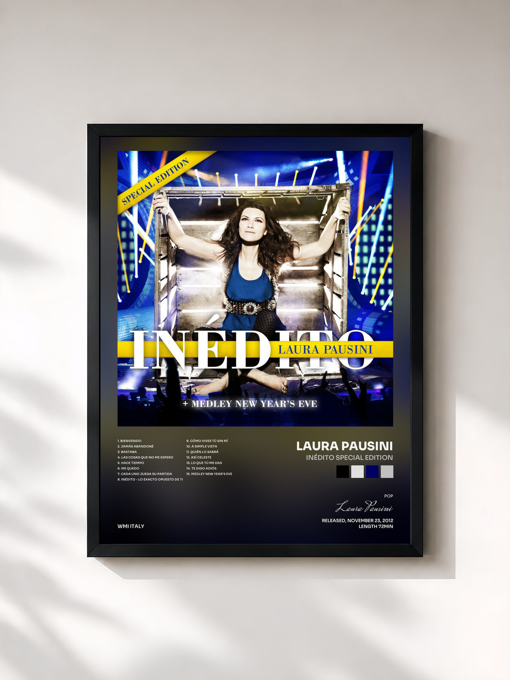 #noir Tableau de l'album Inédito Special Edition de Laura Pausini, cadre noir, imprimé et encadré en France