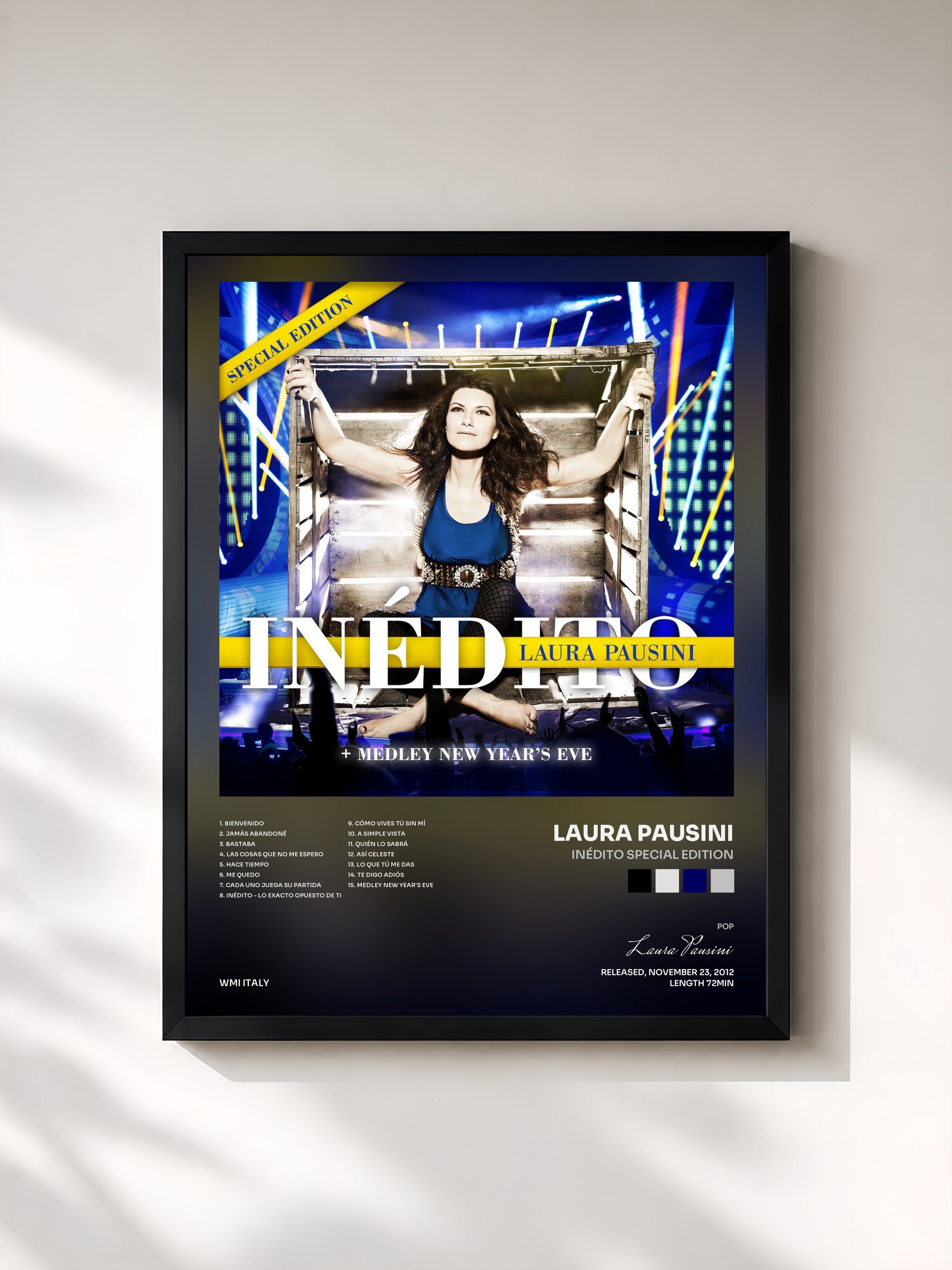 #noir Tableau de l'album Inédito Special Edition de Laura Pausini, cadre noir, imprimé et encadré en France