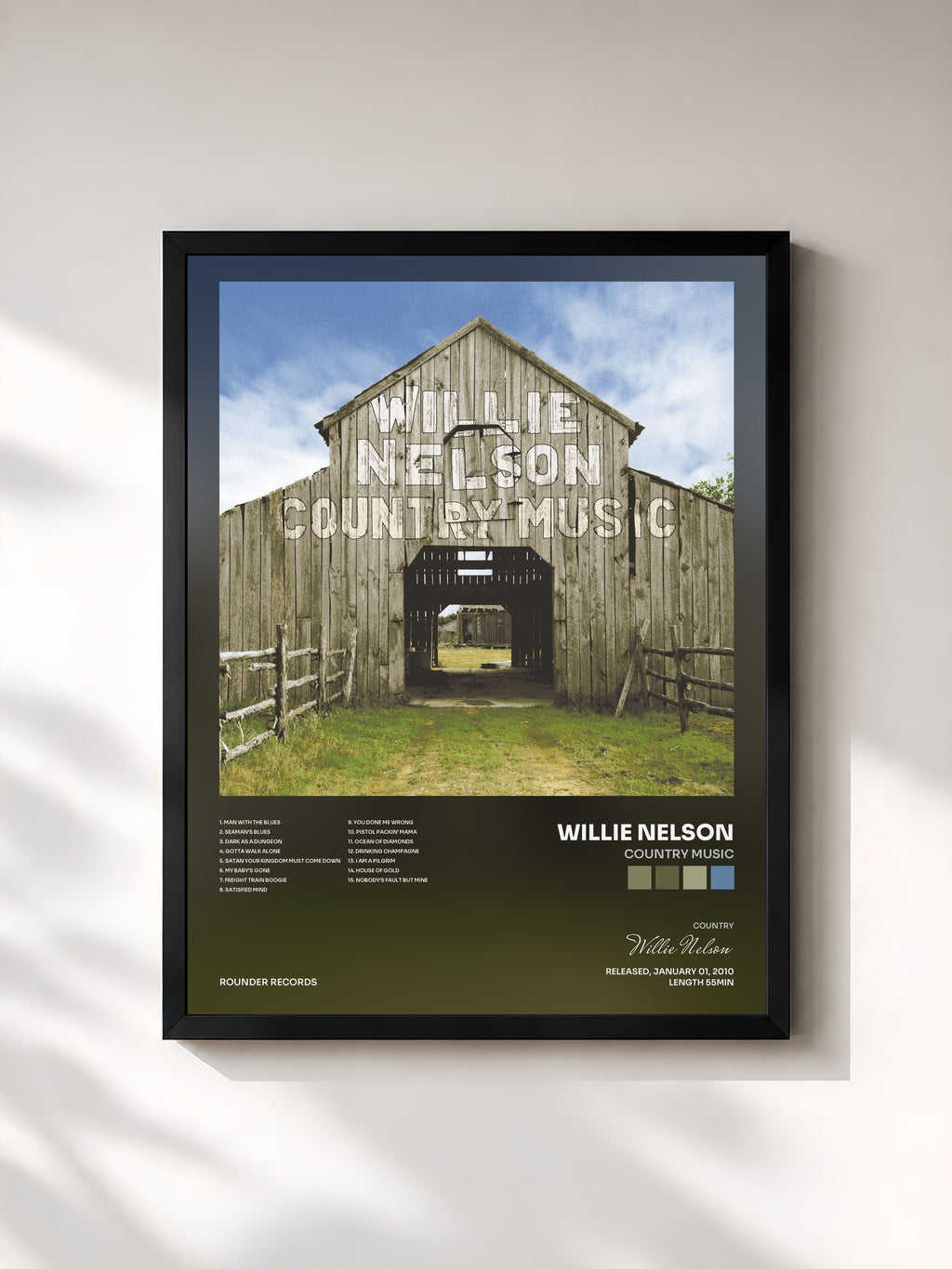 #noir Tableau de l'album Country Music de Willie Nelson, cadre noir, imprimé et encadré en France