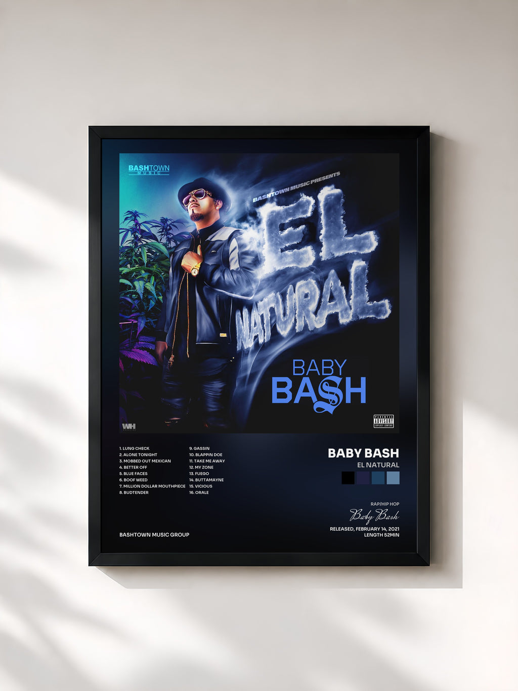 #noir Tableau de l'album El Natural de Baby Bash, cadre noir, imprimé et encadré en France