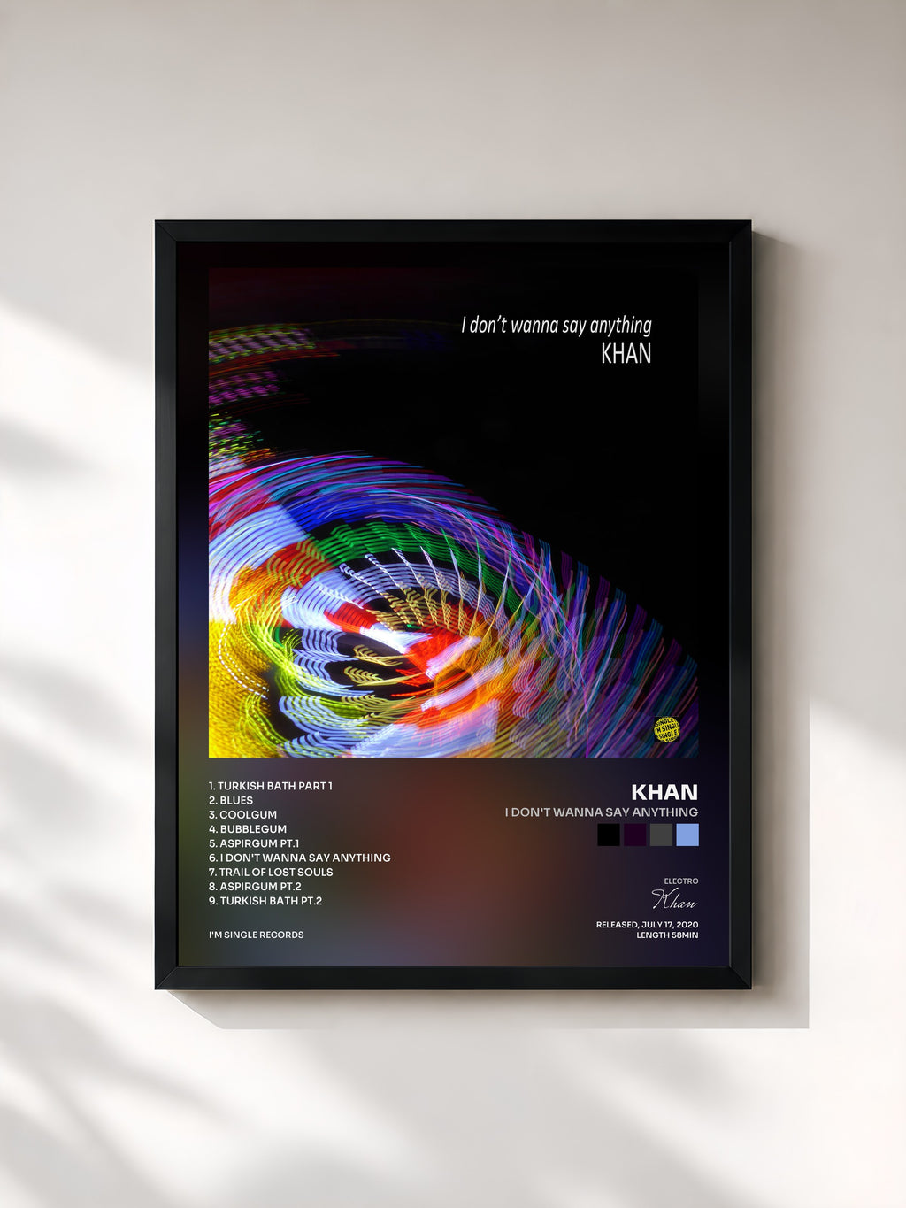 #noir Tableau de l'album I Don't Wanna Say Anything de Khan, cadre noir, imprimé et encadré en France