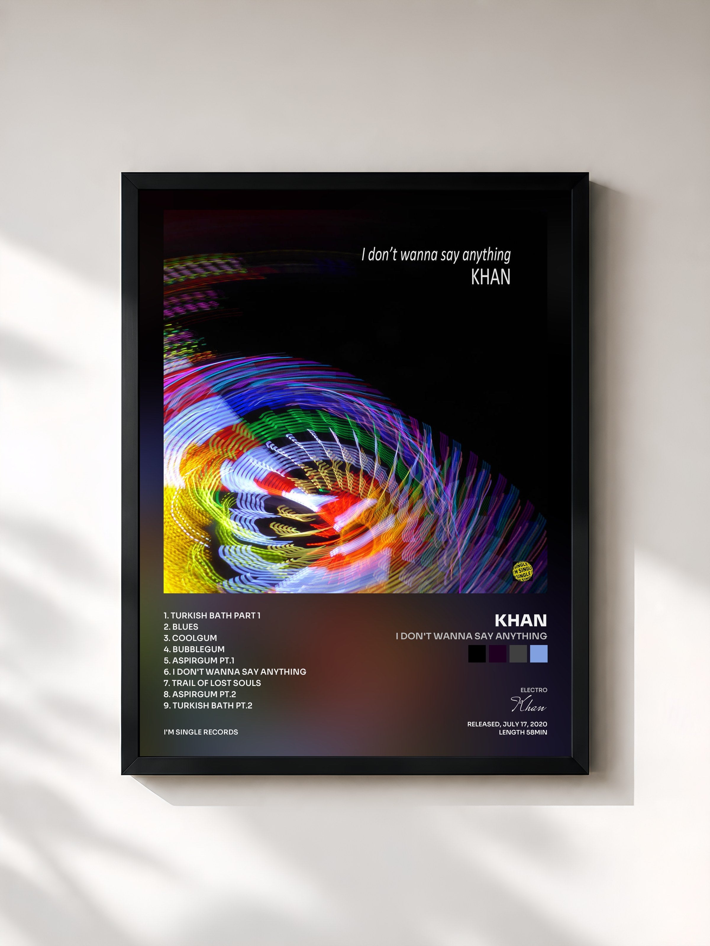 #noir Tableau de l'album I Don't Wanna Say Anything de Khan, cadre noir, imprimé et encadré en France