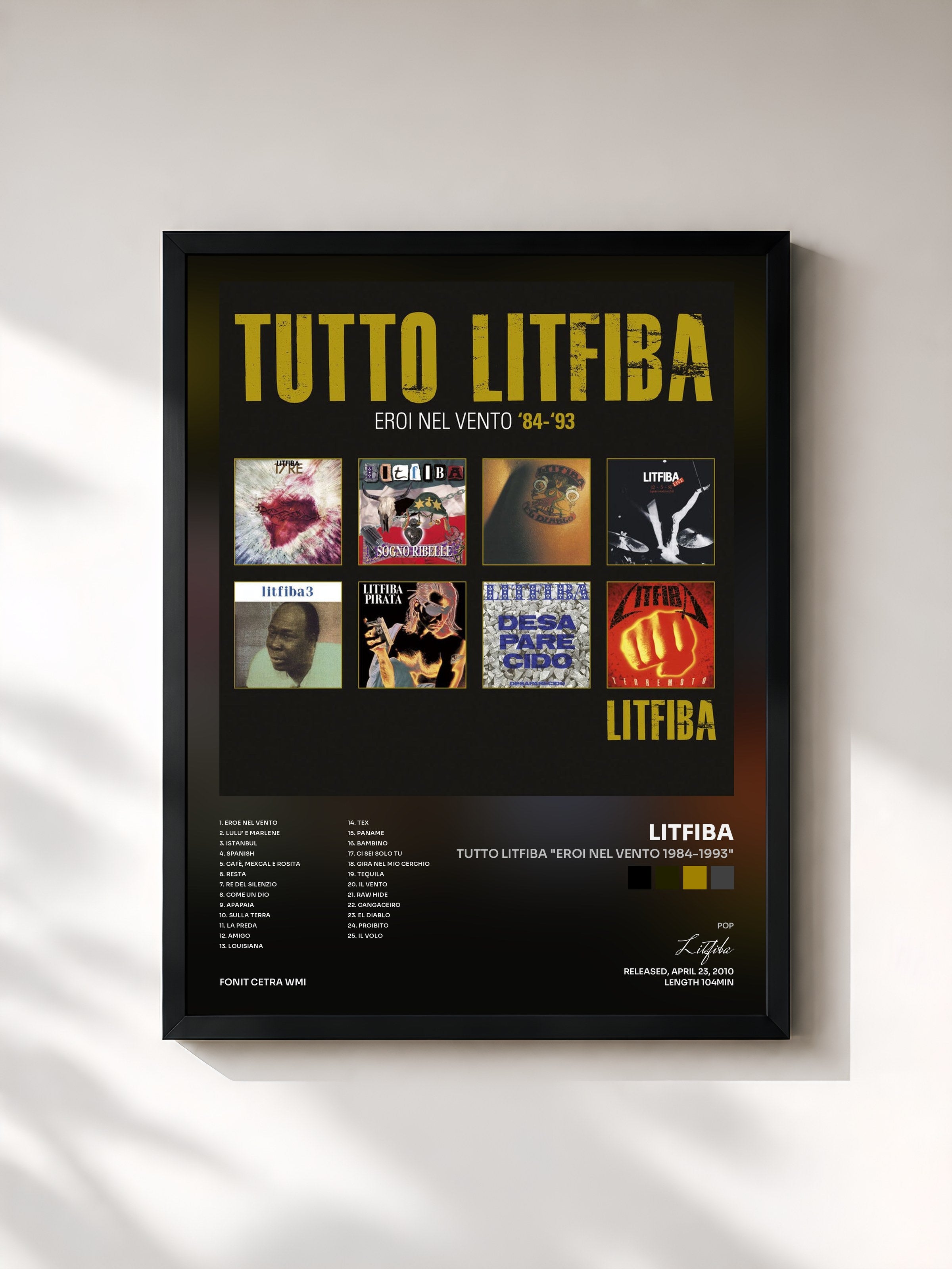 #noir Tableau de l'album Tutto Litfiba "Eroi nel vento 1984-1993" de Litfiba, cadre noir, imprimé et encadré en France