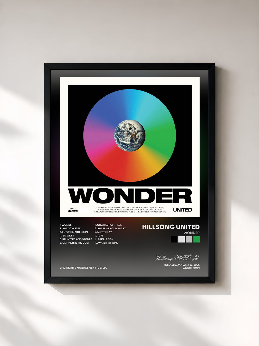 #noir Tableau de l'album Wonder de Hillsong UNITED, cadre noir, imprimé et encadré en France