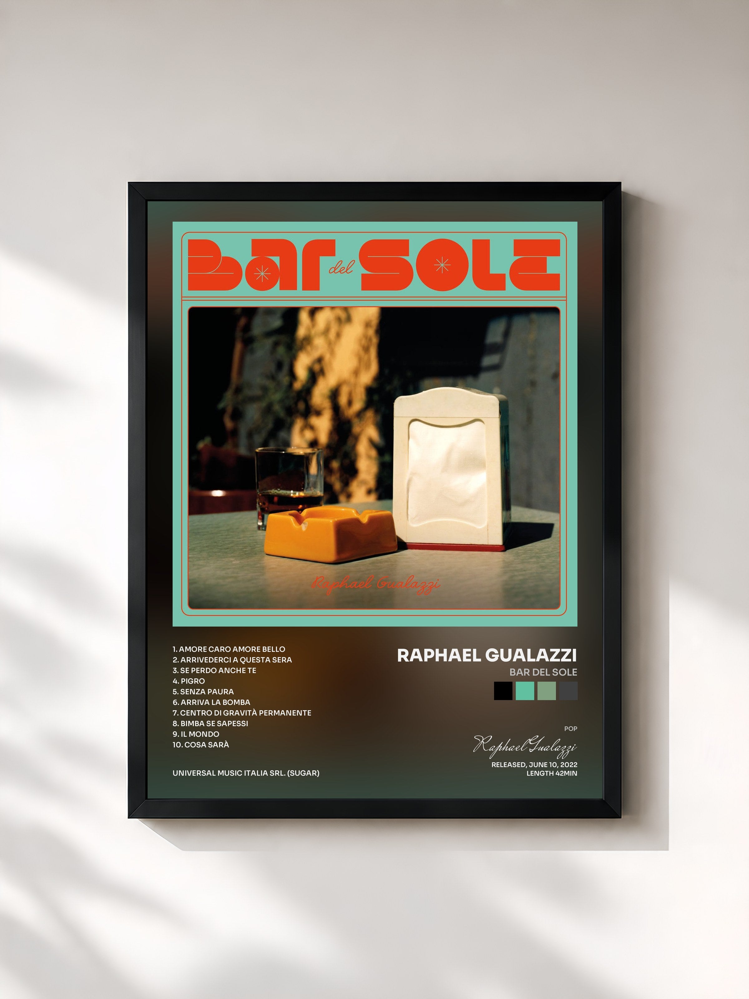 #noir Tableau de l'album BAR DEL SOLE de Raphael Gualazzi, cadre noir, imprimé et encadré en France
