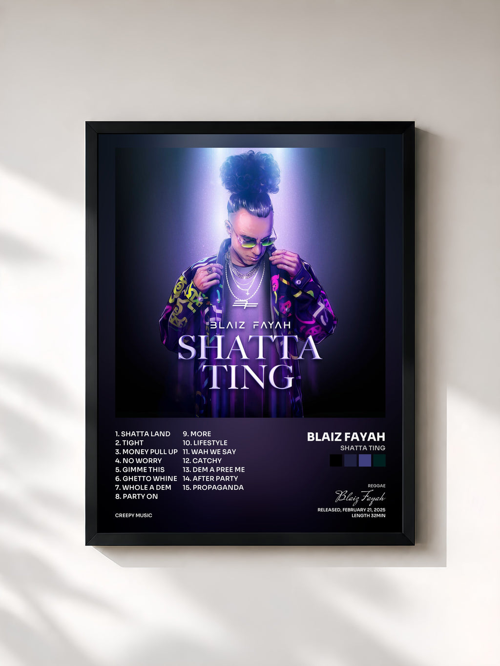 #noir Tableau de l'album Shatta Ting de Blaiz Fayah, cadre noir, imprimé et encadré en France