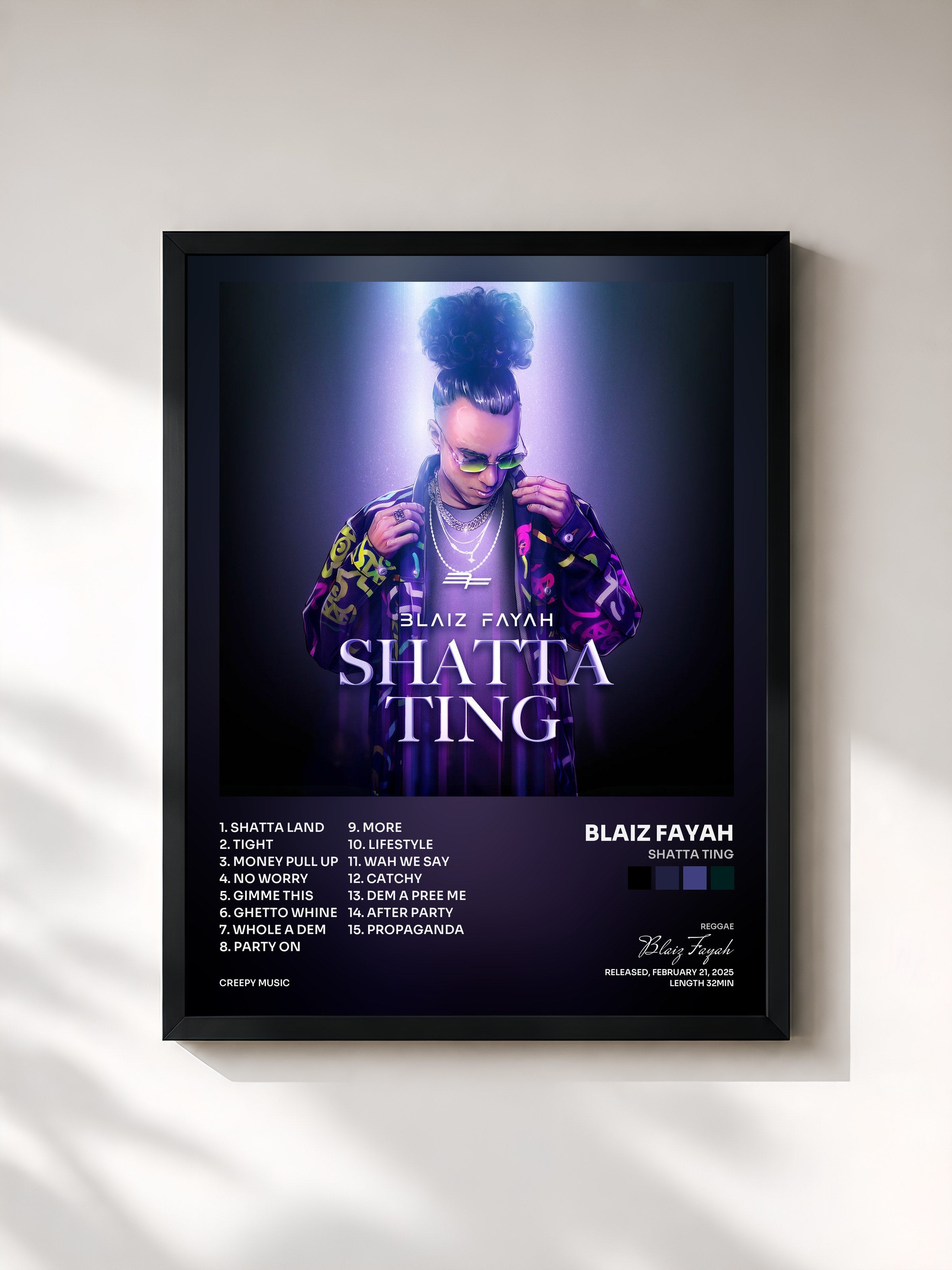 #noir Tableau de l'album Shatta Ting de Blaiz Fayah, cadre noir, imprimé et encadré en France