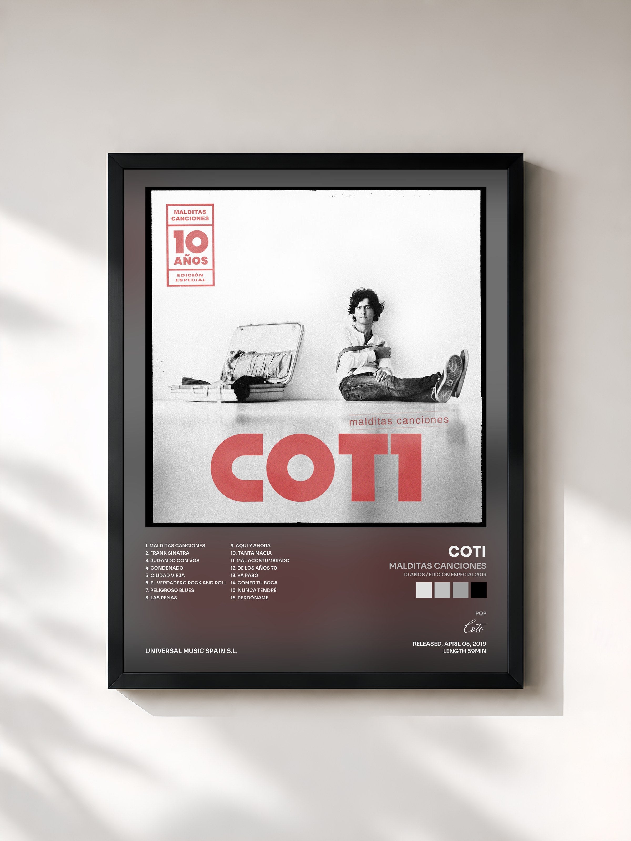 #noir Tableau de l'album Malditas Canciones (10 Años / Edición Especial 2019) de Coti, cadre noir, imprimé et encadré en France