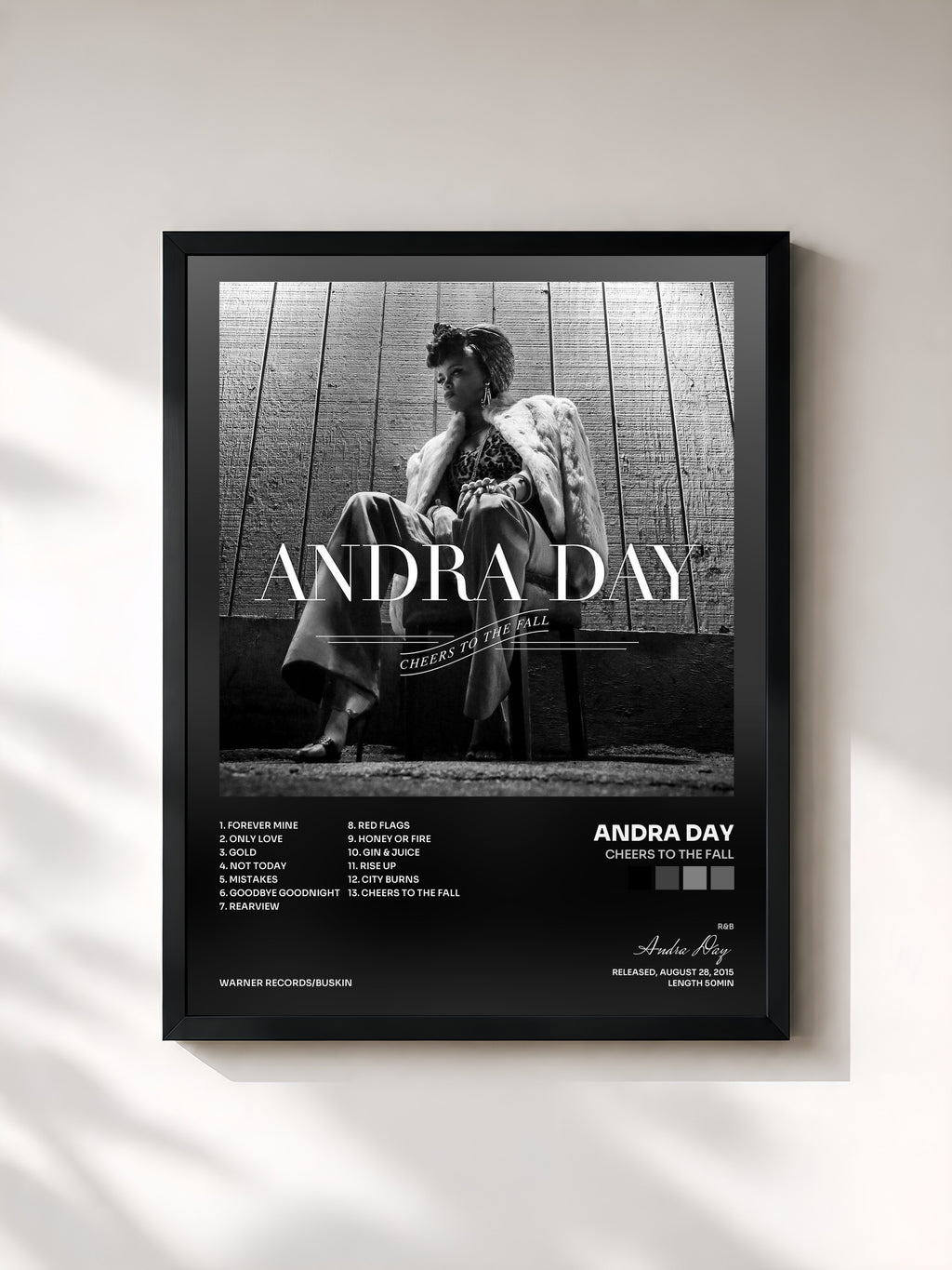 #noir Tableau de l'album Cheers to the Fall de Andra Day, cadre noir, imprimé et encadré en France