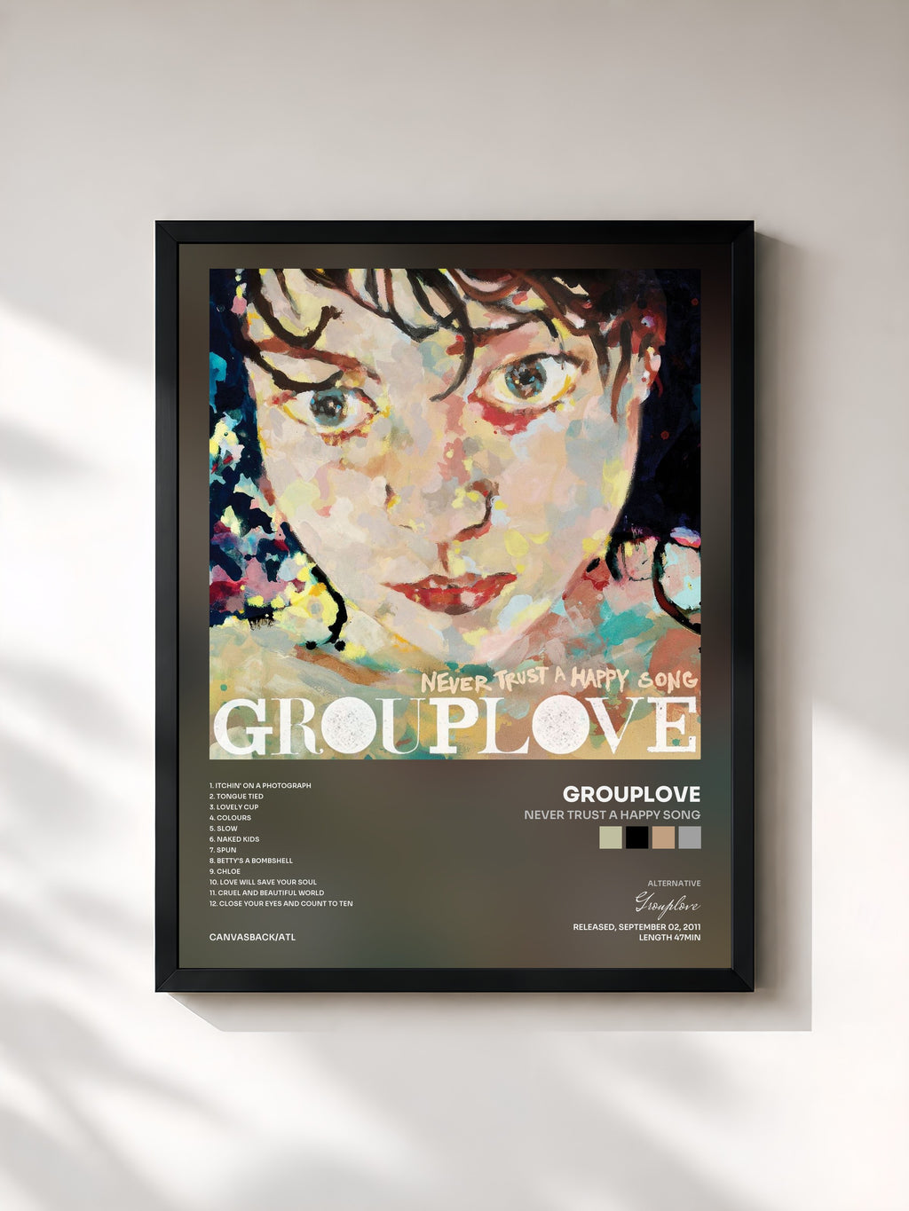 #noir Tableau de l'album Never Trust a Happy Song de Grouplove, cadre noir, imprimé et encadré en France