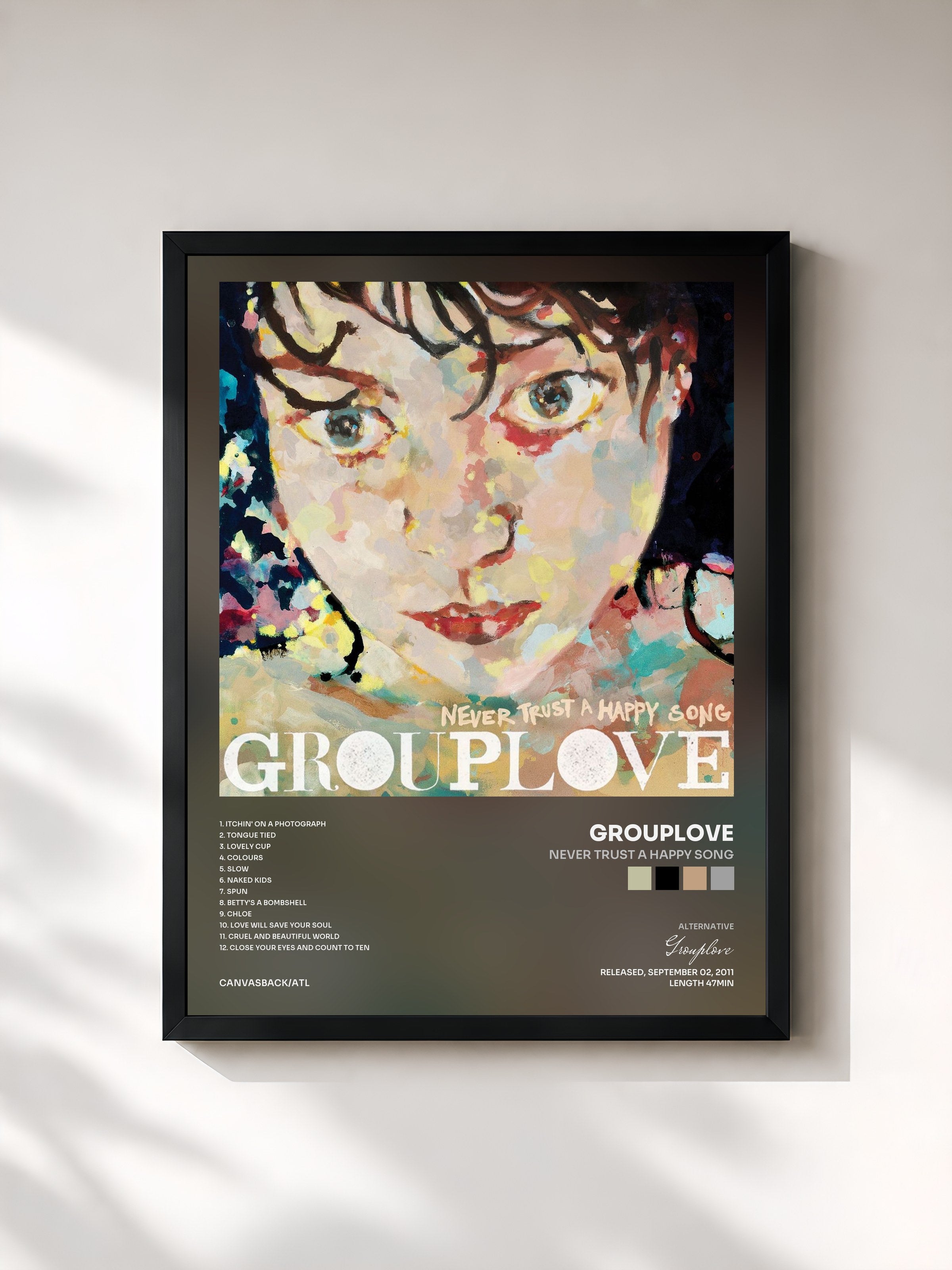 #noir Tableau de l'album Never Trust a Happy Song de Grouplove, cadre noir, imprimé et encadré en France