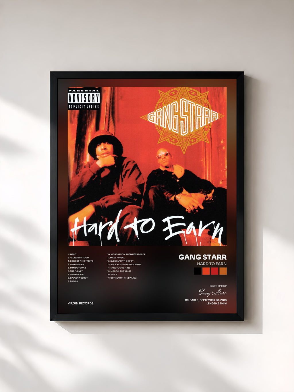 #noir Tableau de l'album Hard To Earn de Gang Starr, cadre noir, imprimé et encadré en France