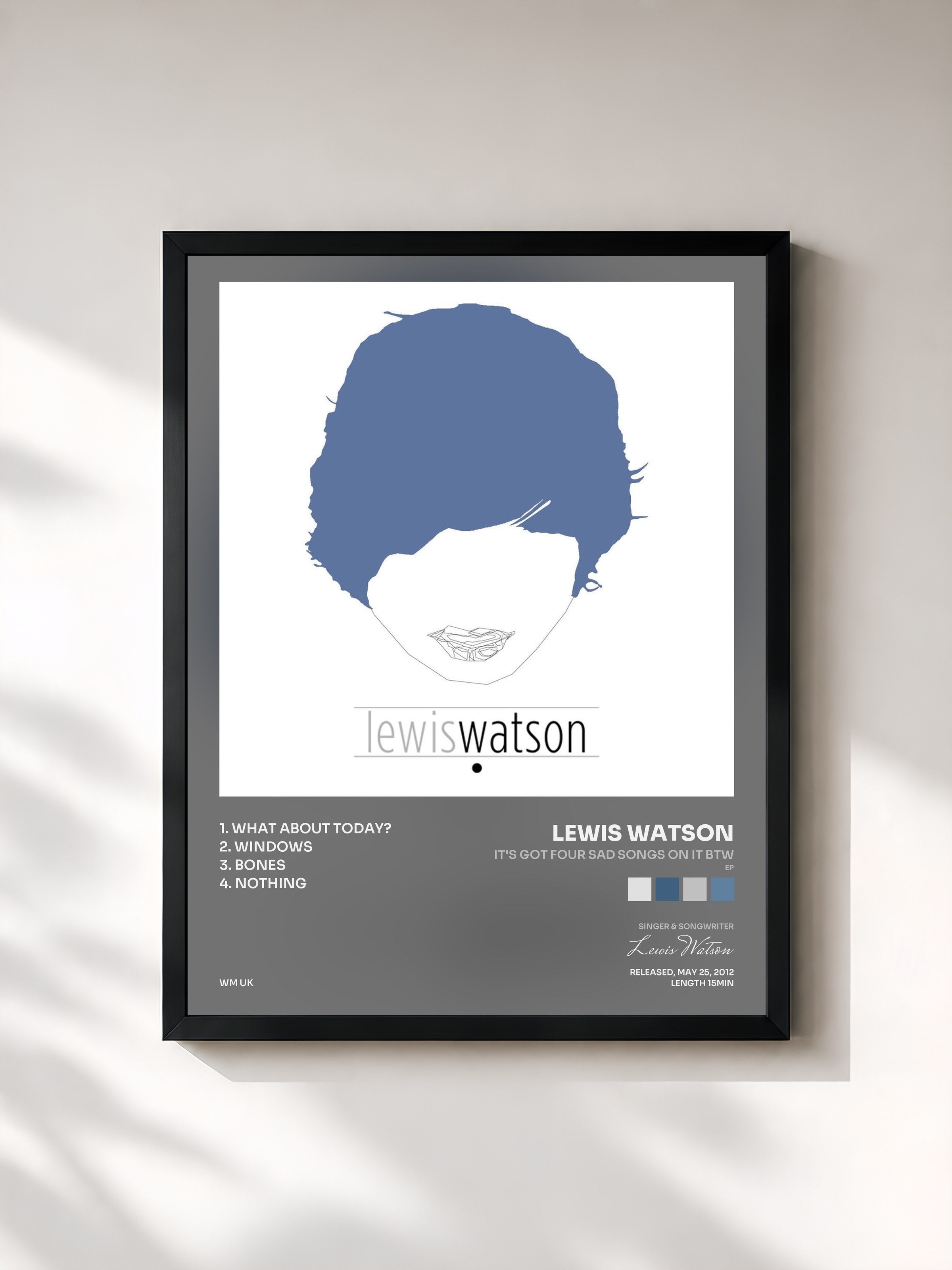 #noir Tableau de l'album It's Got Four Sad Songs on It BTW (EP) de Lewis Watson, cadre noir, imprimé et encadré en France