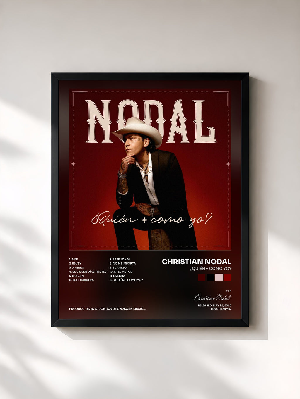 #noir Tableau de l'album ¿Quién + Como Yo? de Christian Nodal, cadre noir, imprimé et encadré en France